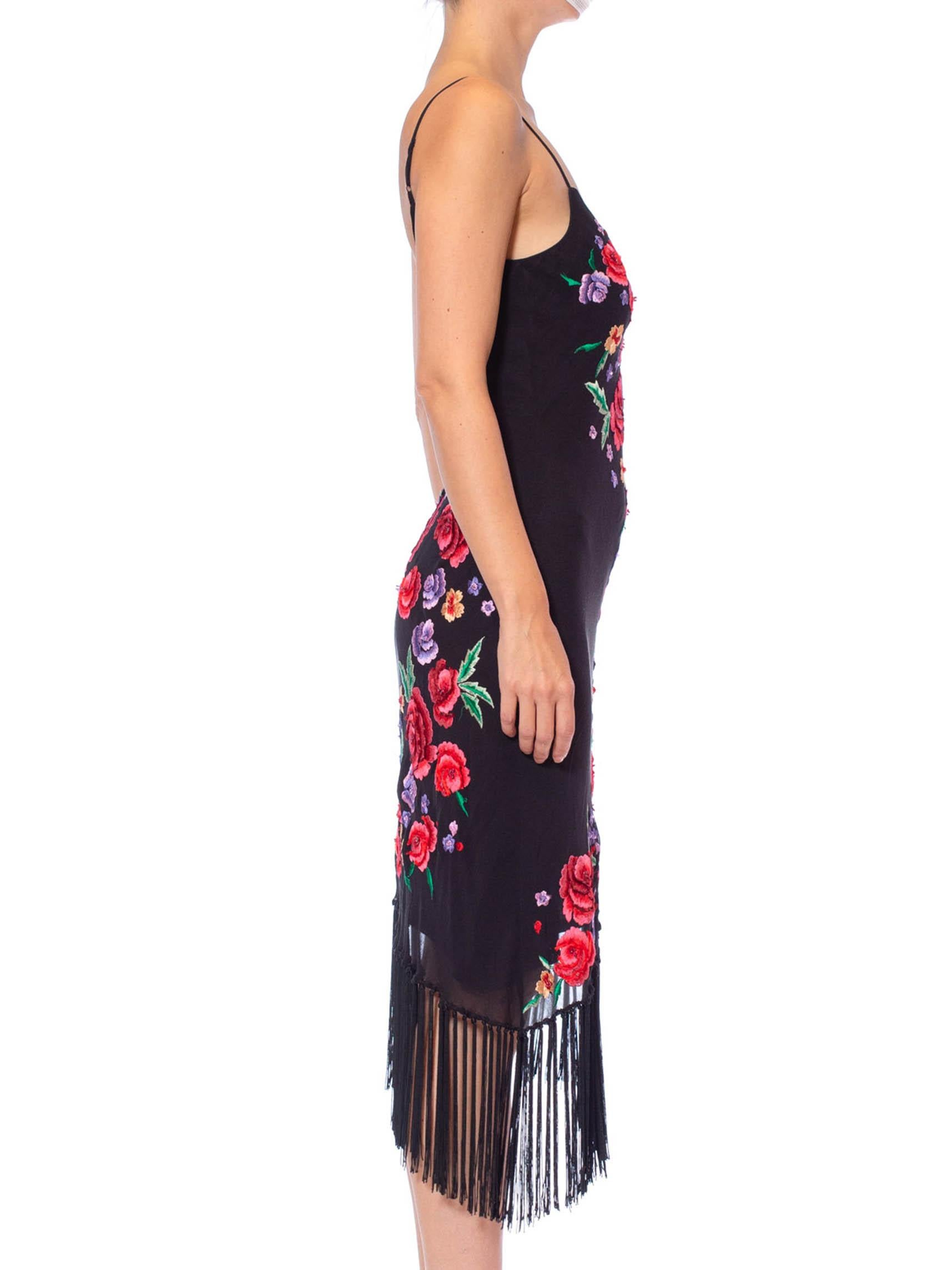 1990S Black Bias Cut Silk Chiffon Floral Embroidered Cocktail Dress With Fringe 1