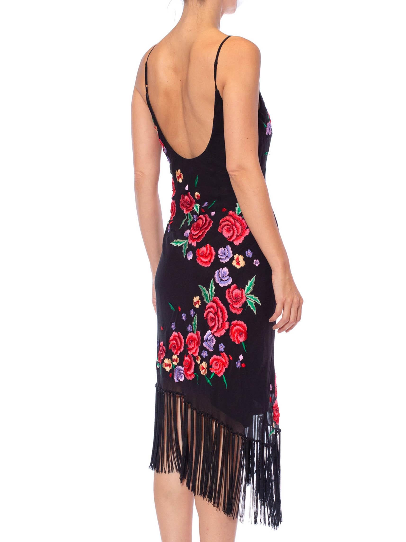 1990S Black Bias Cut Silk Chiffon Floral Embroidered Cocktail Dress With Fringe 2