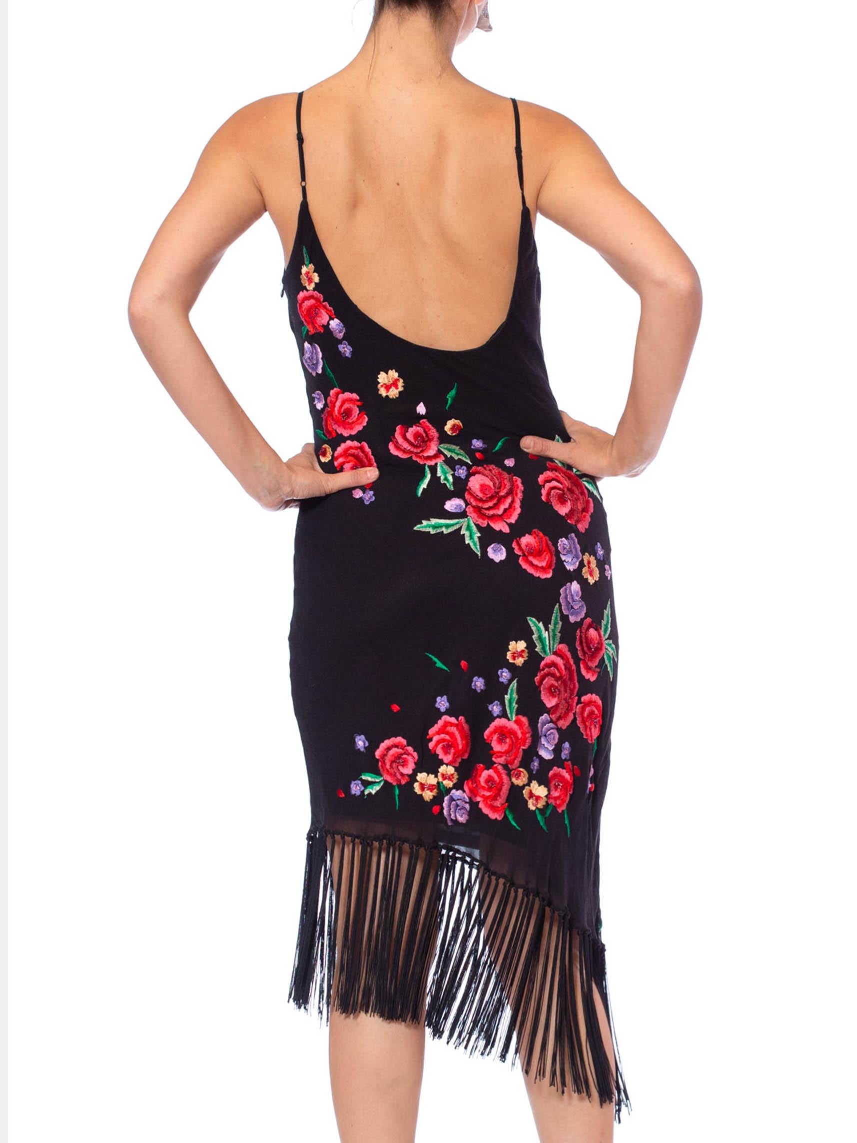 1990S Black Bias Cut Silk Chiffon Floral Embroidered Cocktail Dress With Fringe 3