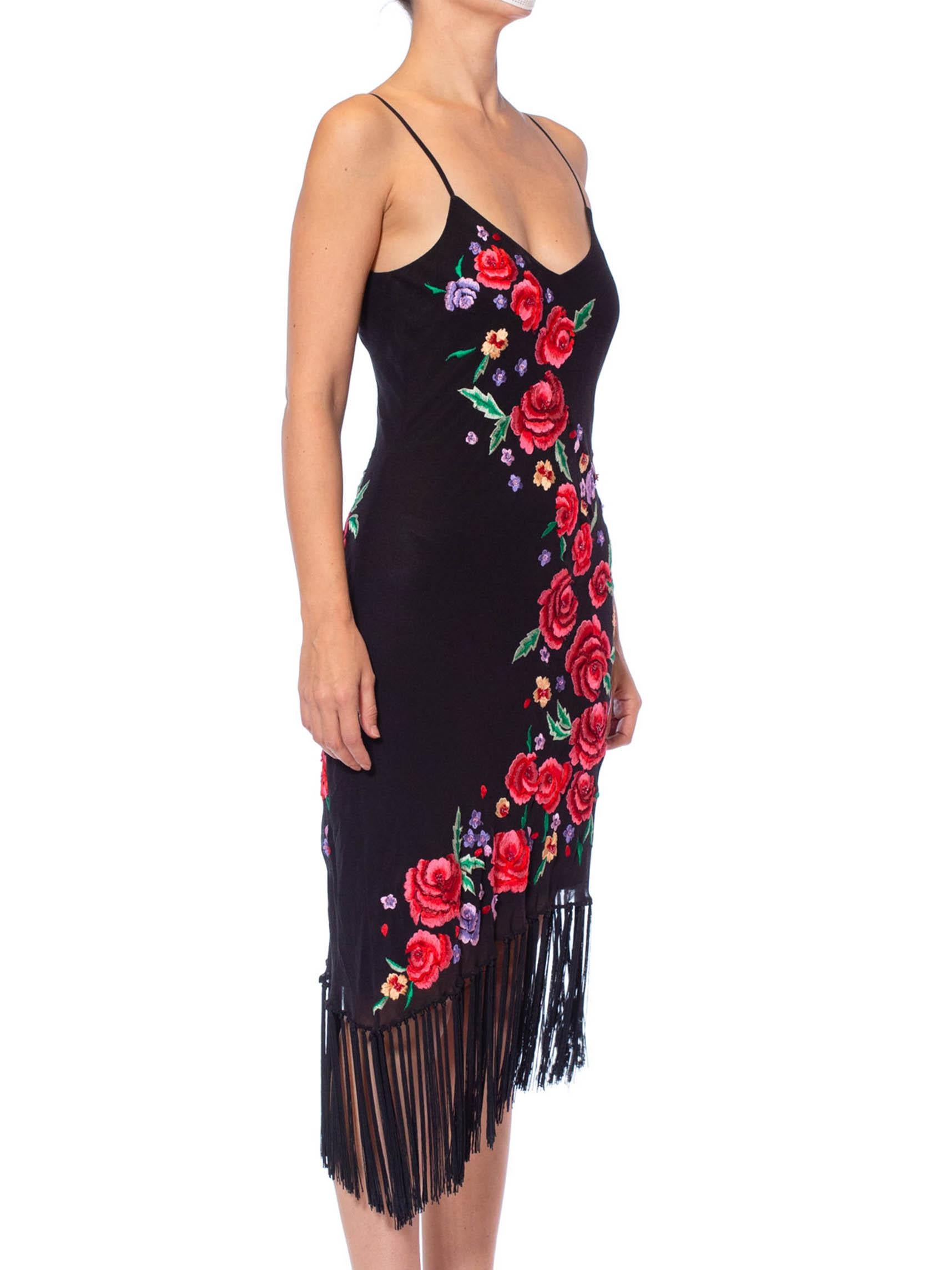1990S Black Bias Cut Silk Chiffon Floral Embroidered Cocktail Dress With Fringe 4
