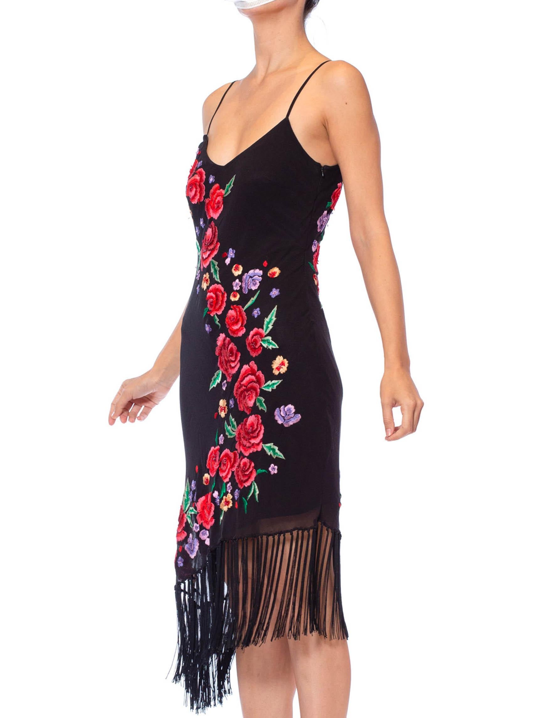 1990S Black Bias Cut Silk Chiffon Floral Embroidered Cocktail Dress With Fringe 6
