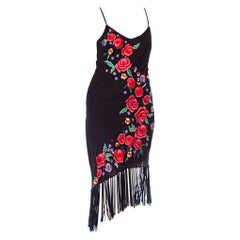 1990S Black Bias Cut Silk Chiffon Floral Embroidered Cocktail Dress With Fringe