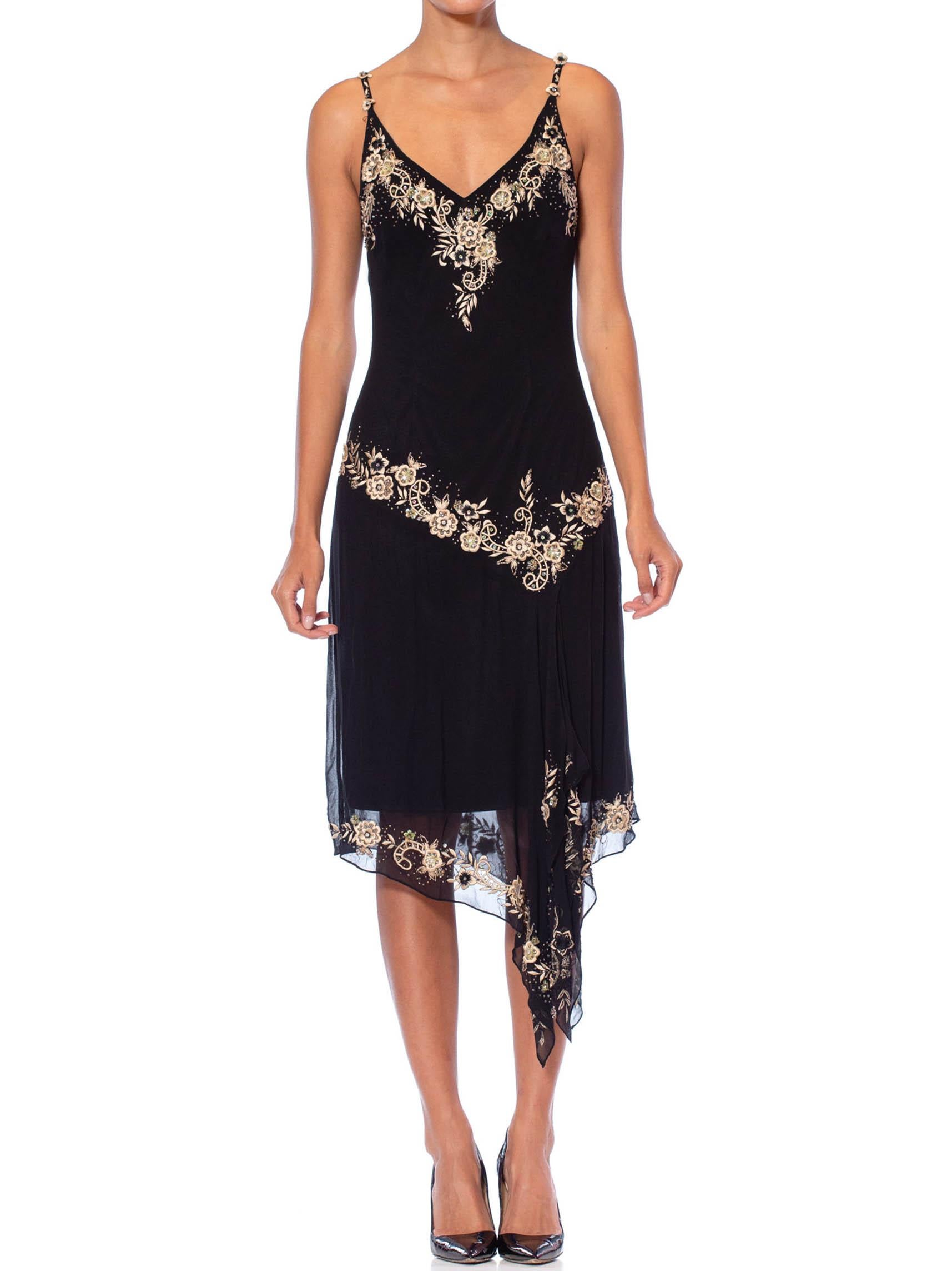 1990S Vestido negro de gasa de seda de corte sesgado estilo Galliano con bordado floral Negro en venta
