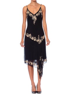 1990S Black Bias Cut Silk Chiffon Galliano Style Floral Embroidered Dress