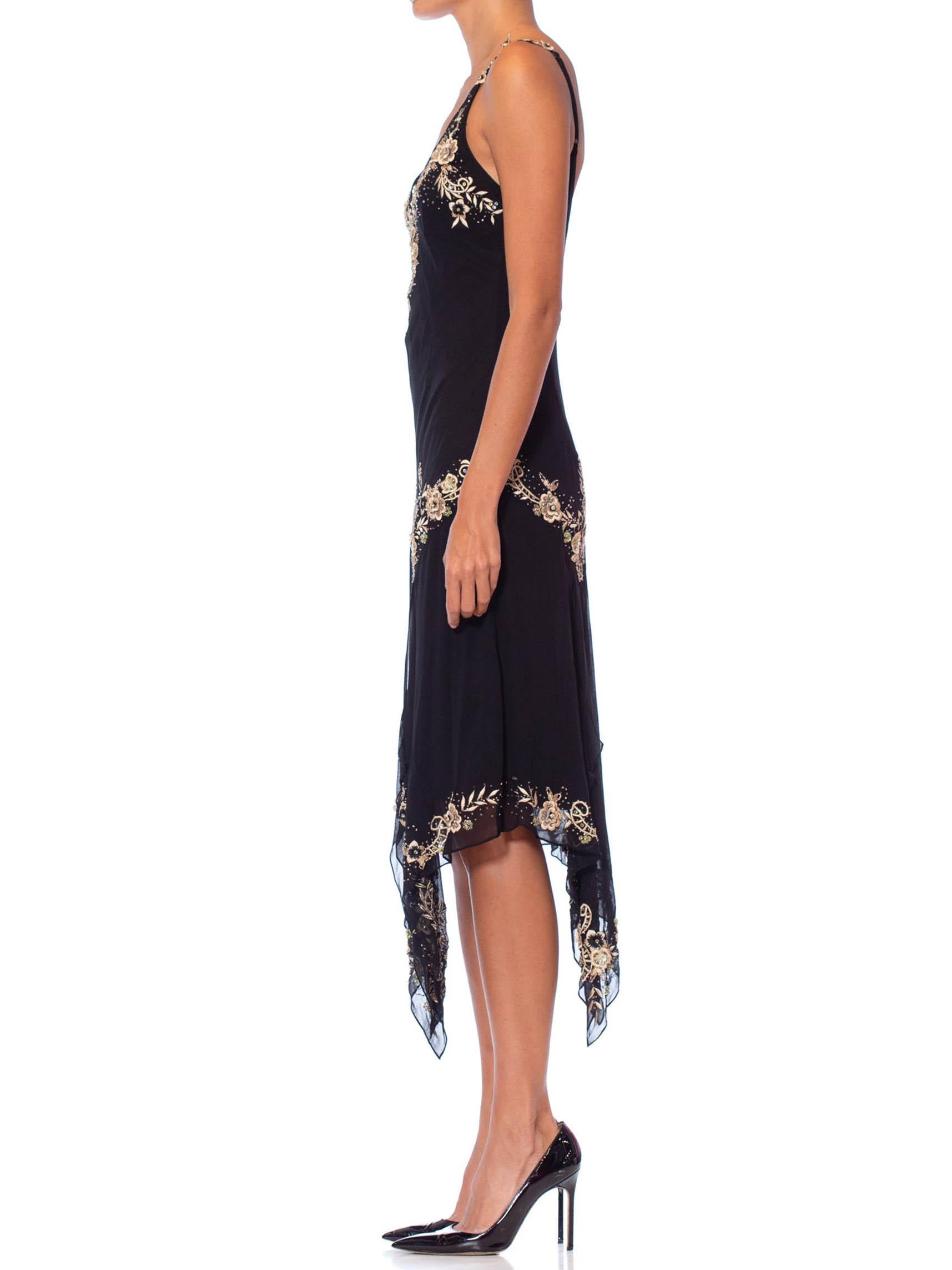 Women's 1990S Black Bias Cut Silk Chiffon Galliano Style Floral Embroidered Dress For Sale