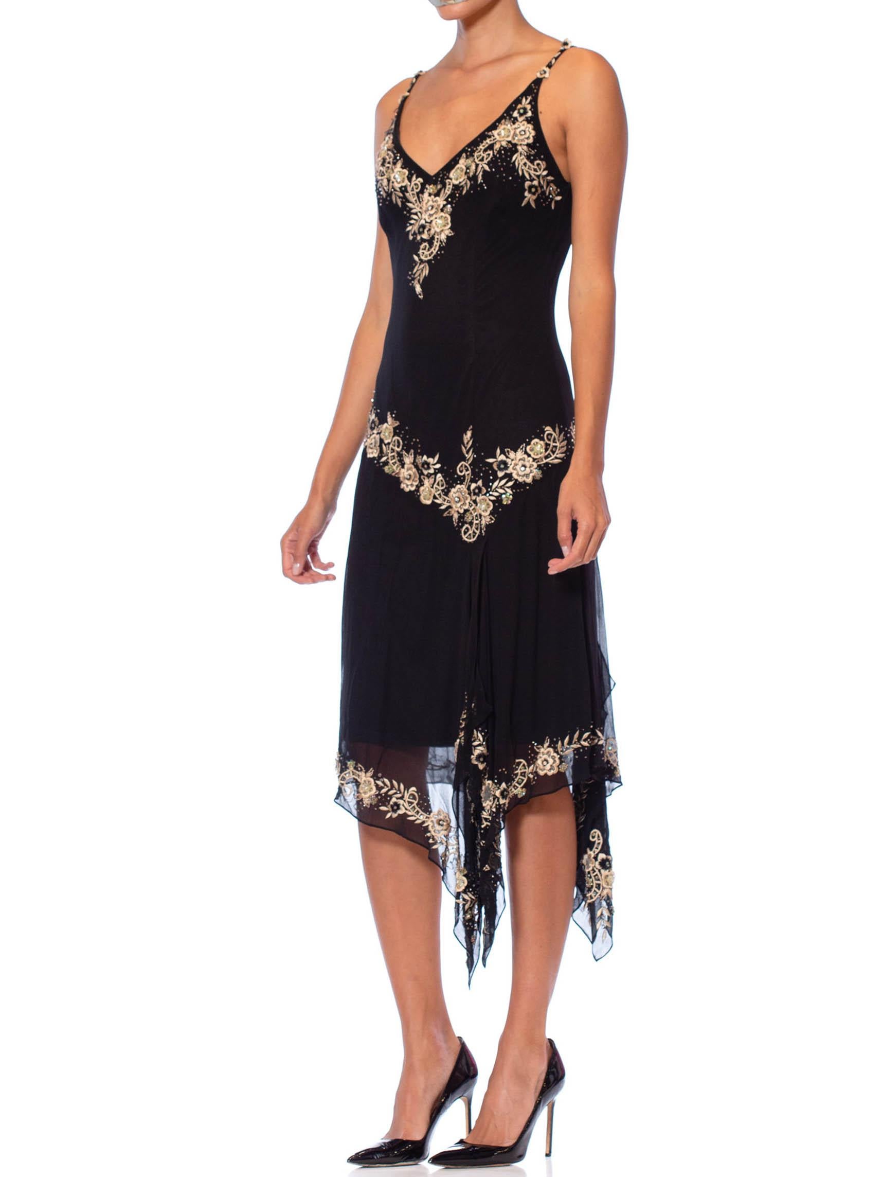 1990S Black Bias Cut Silk Chiffon Galliano Style Floral Embroidered Dress For Sale 1