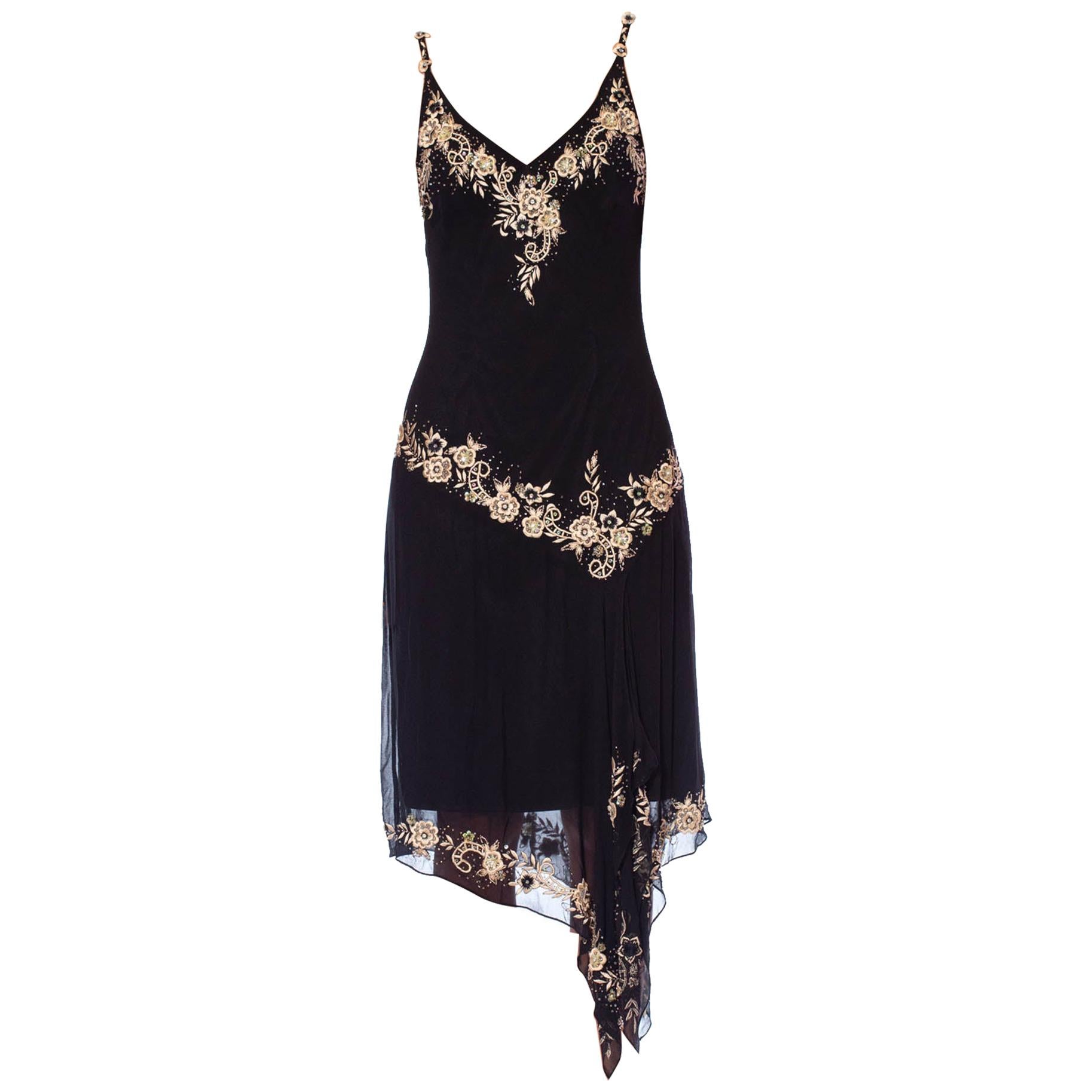 1990S Black Bias Cut Silk Chiffon Galliano Style Floral Embroidered Dress For Sale