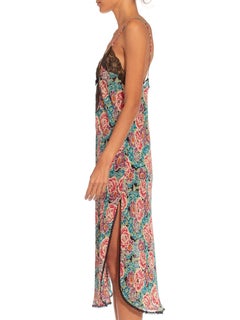 1990S Black Blue & Pink Silk Chiffon Floral Lace Trim Slip Dress