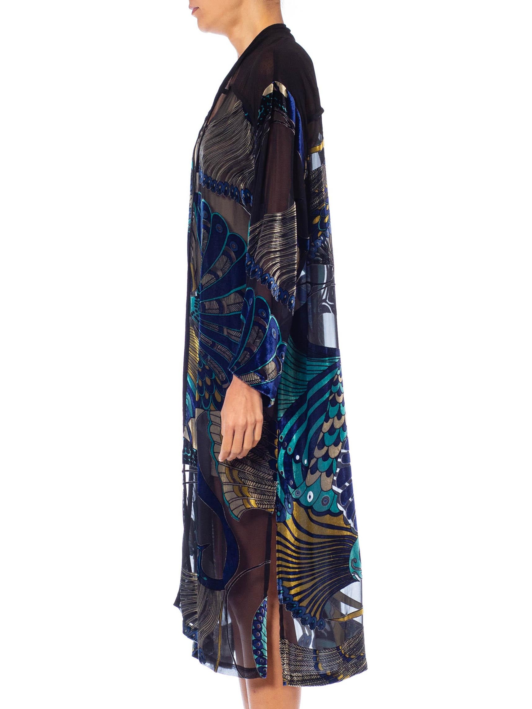 1990S Black & Blue Rayon Silk Burnout Velvet Peacock Kimono Jacket Top In Excellent Condition In New York, NY