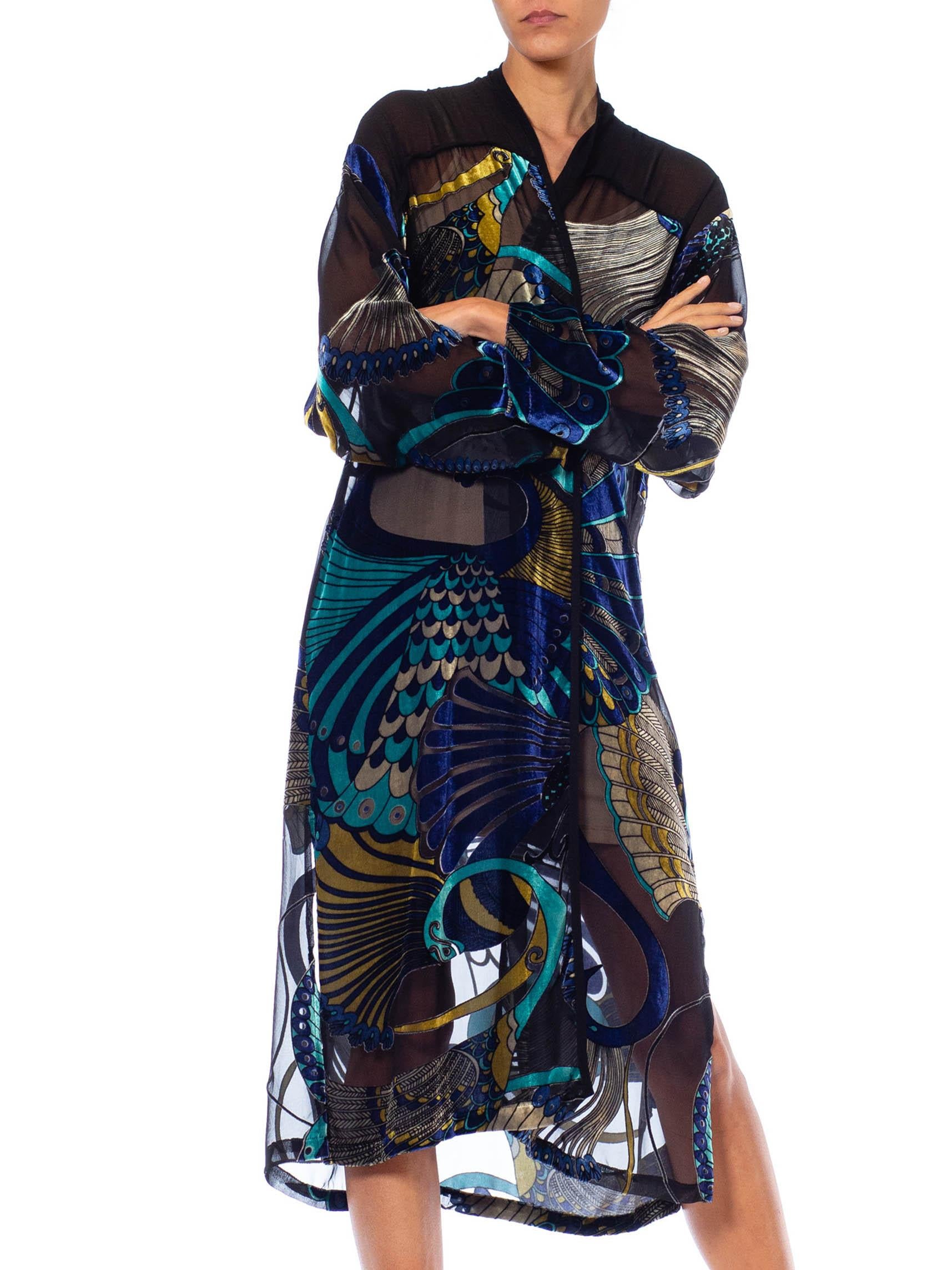 1990S Black & Blue Rayon Silk Burnout Velvet Peacock Kimono Jacket Top 1
