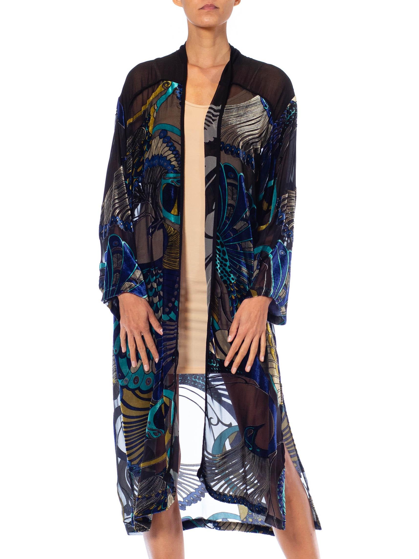 1990S Black & Blue Rayon Silk Burnout Velvet Peacock Kimono Jacket Top 2