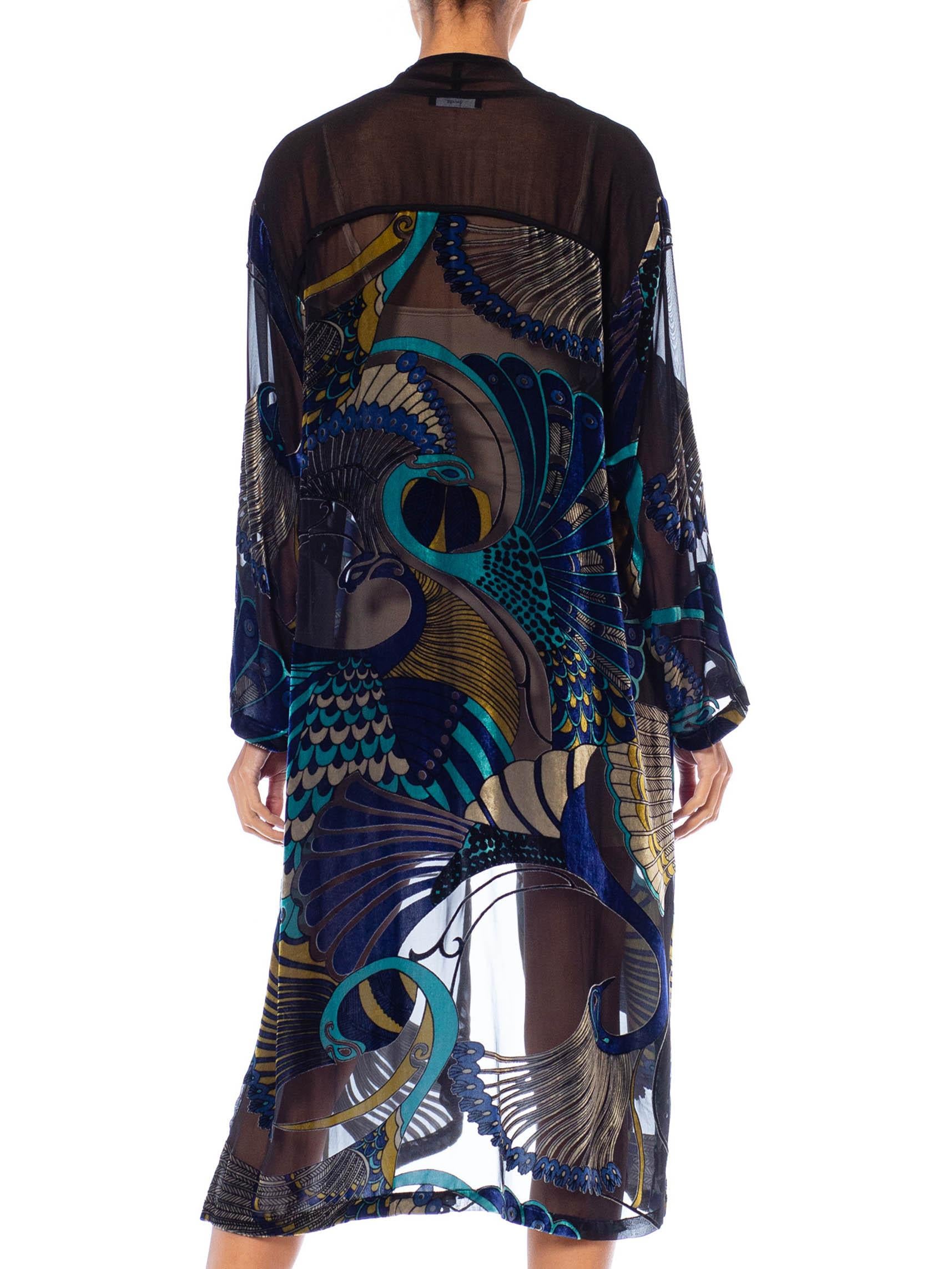 1990S Black & Blue Rayon Silk Burnout Velvet Peacock Kimono Jacket Top 3
