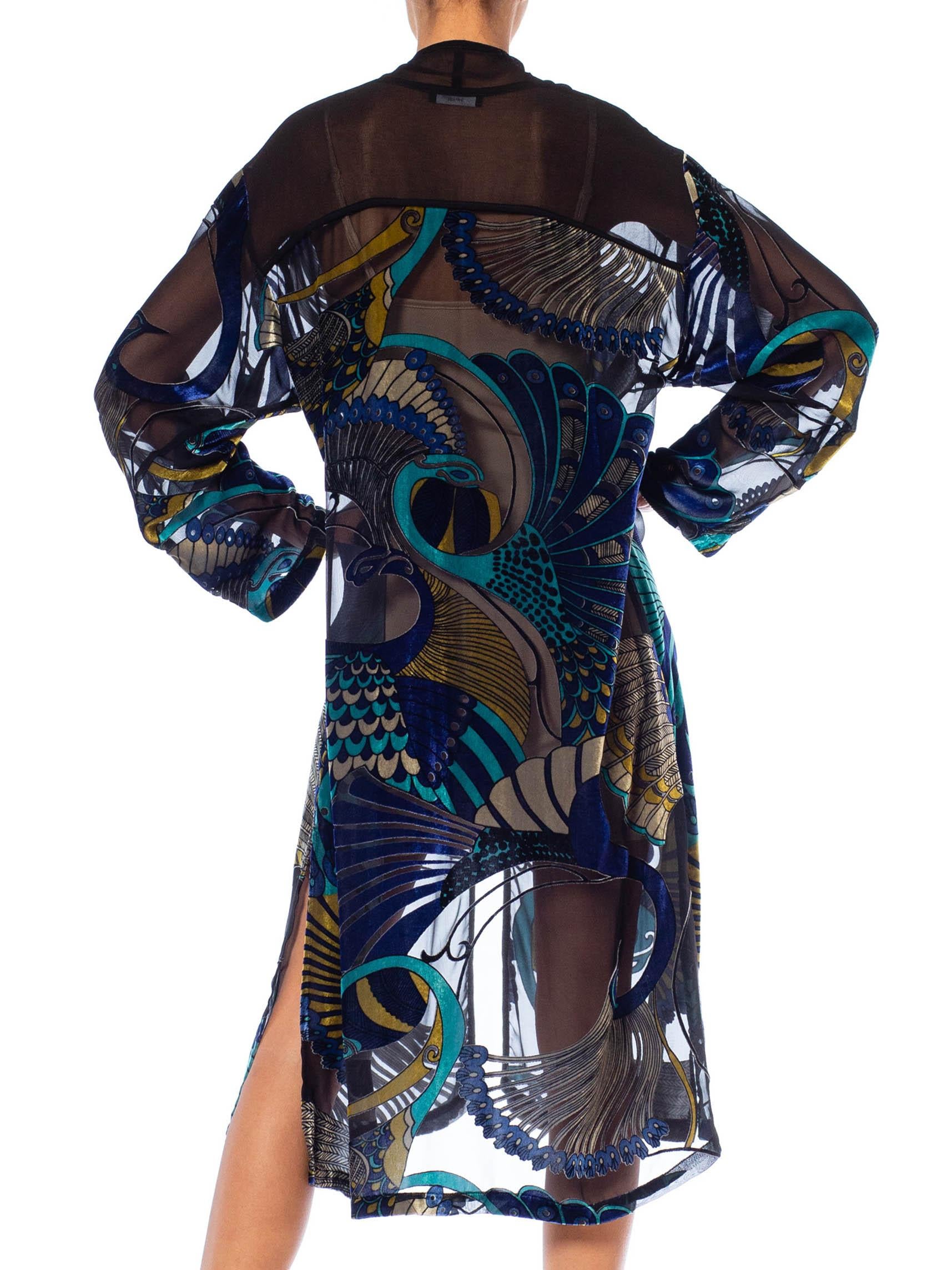 1990S Black & Blue Rayon Silk Burnout Velvet Peacock Kimono Jacket Top 4