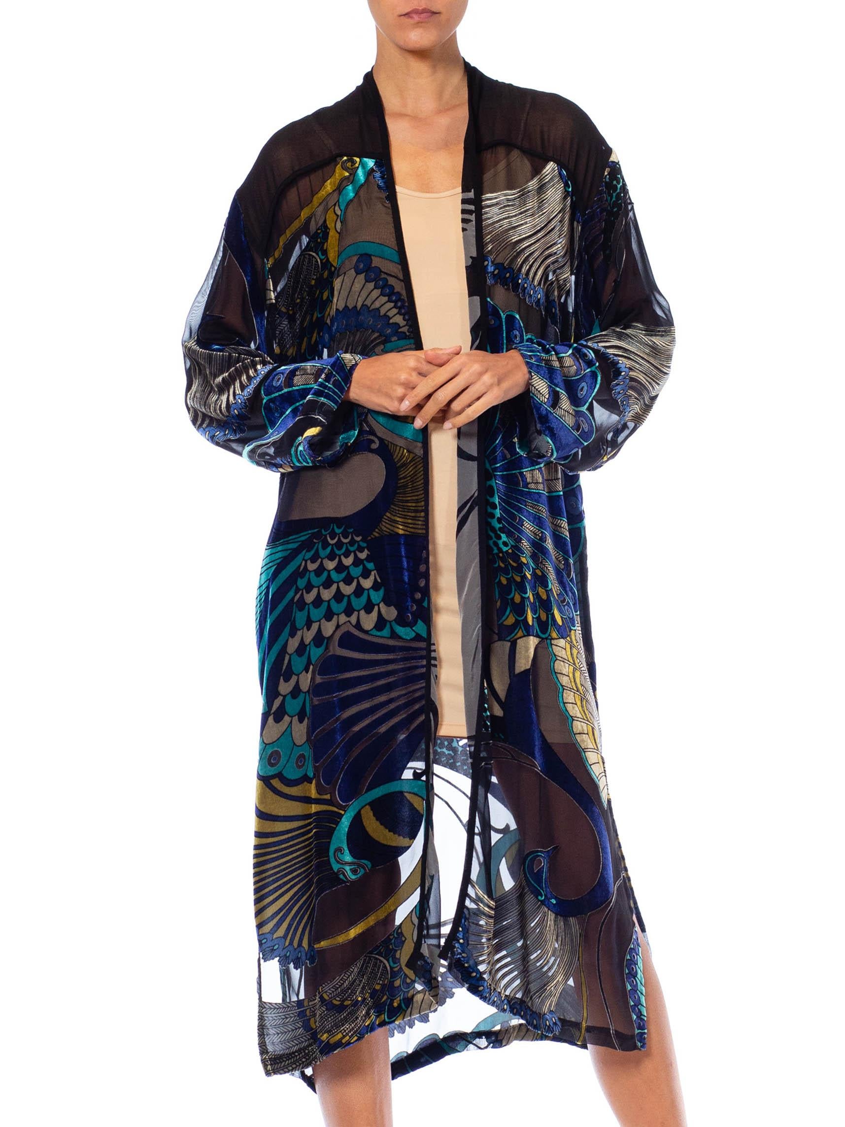 1990S Black & Blue Rayon Silk Burnout Velvet Peacock Kimono Jacket Top 5