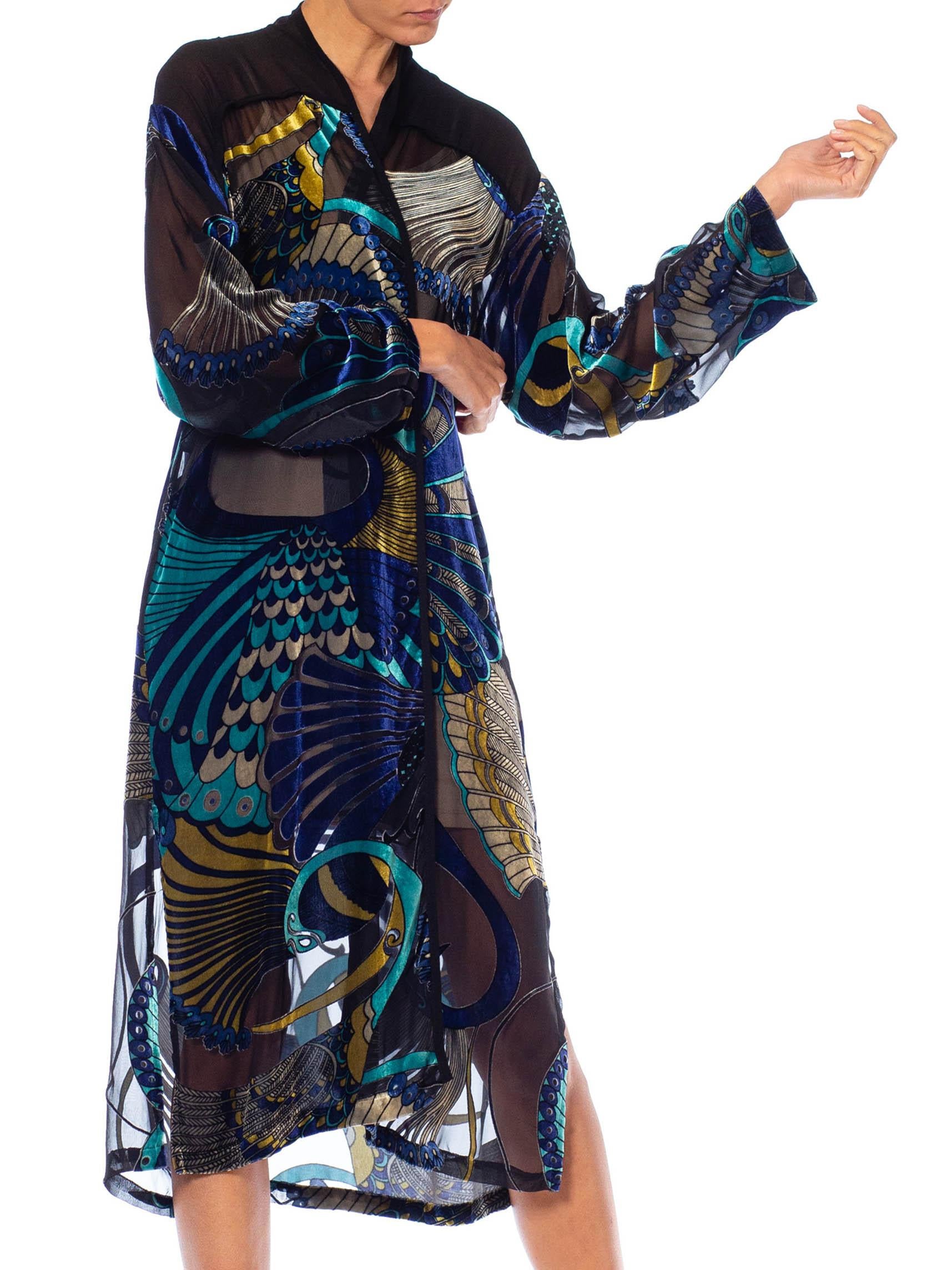1990S Black & Blue Rayon Silk Burnout Velvet Peacock Kimono Jacket Top 6
