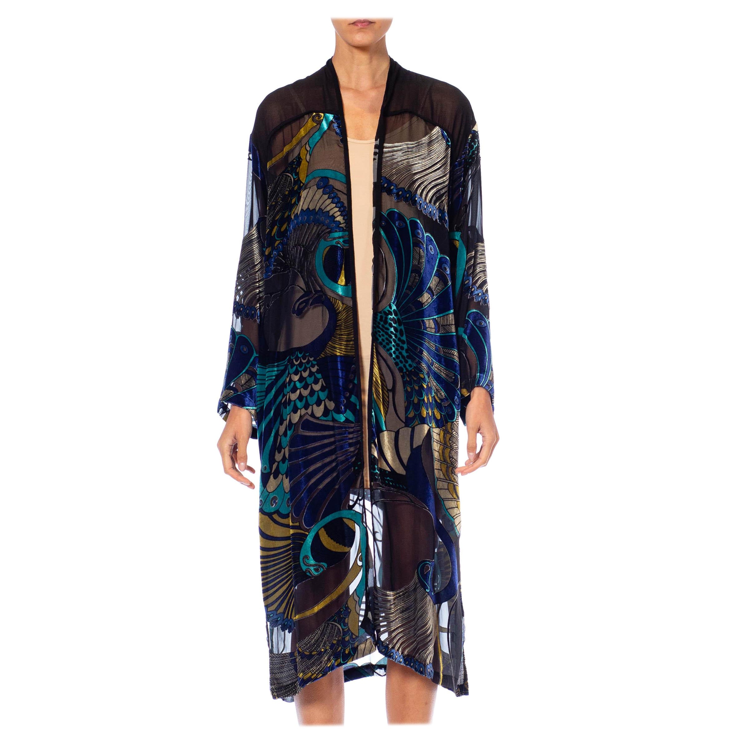 1990S Black & Blue Rayon Silk Burnout Velvet Peacock Kimono Jacket Top