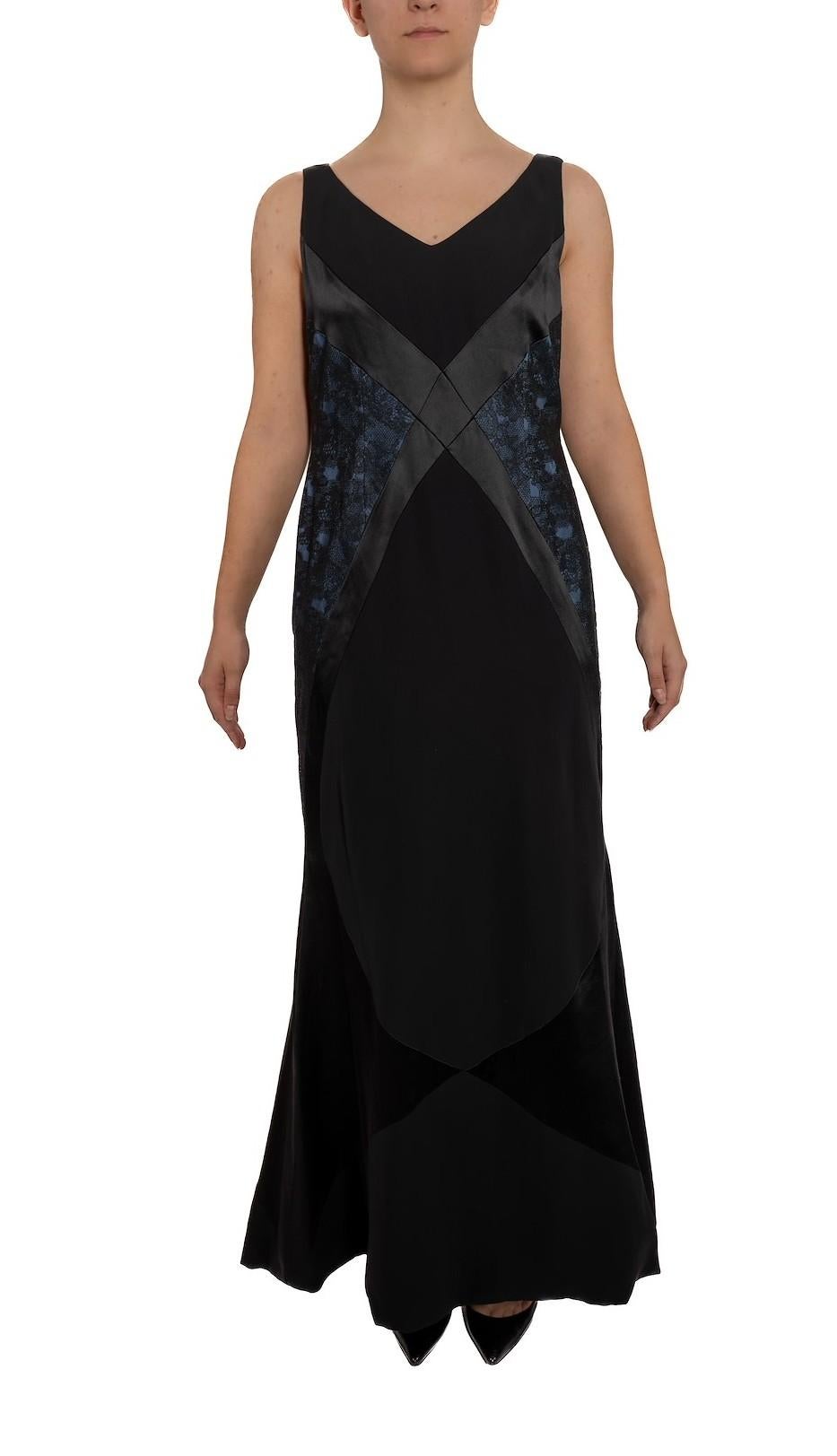 Fully lined in Silk Satin 1990S Black & Blue Silk Crepe Back Satin Art-Deco Seamed Gown With Lace Inset Panels XL