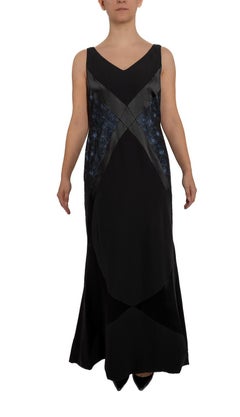 1990S Black & Blue Silk Crepe Back Satin Art-Deco Seamed Gown With Lace Panel XL