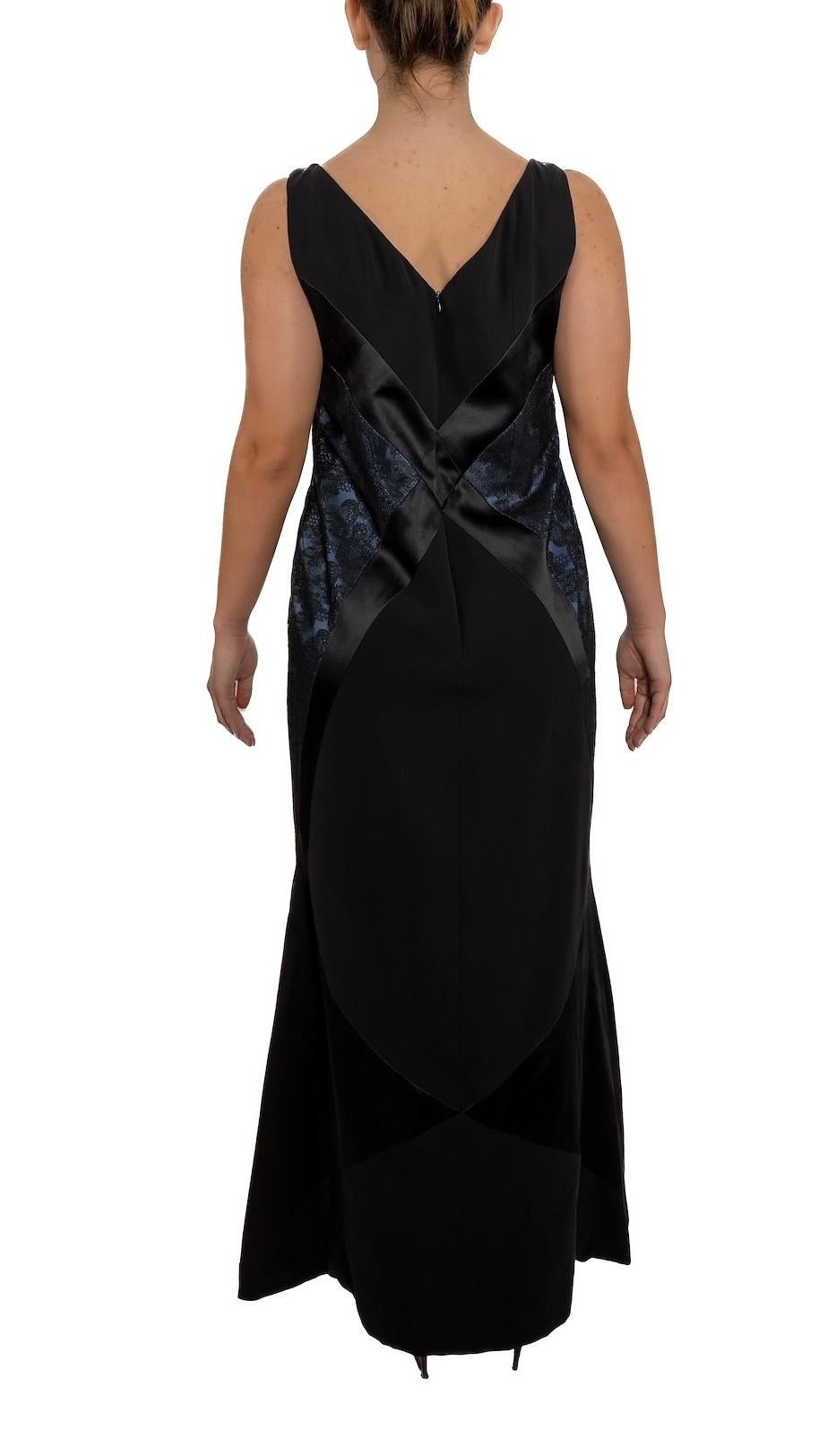 Women's 1990S Black & Blue Silk Crepe Back Satin Art-Deco Seamed Gown With Lace Panel XL For Sale