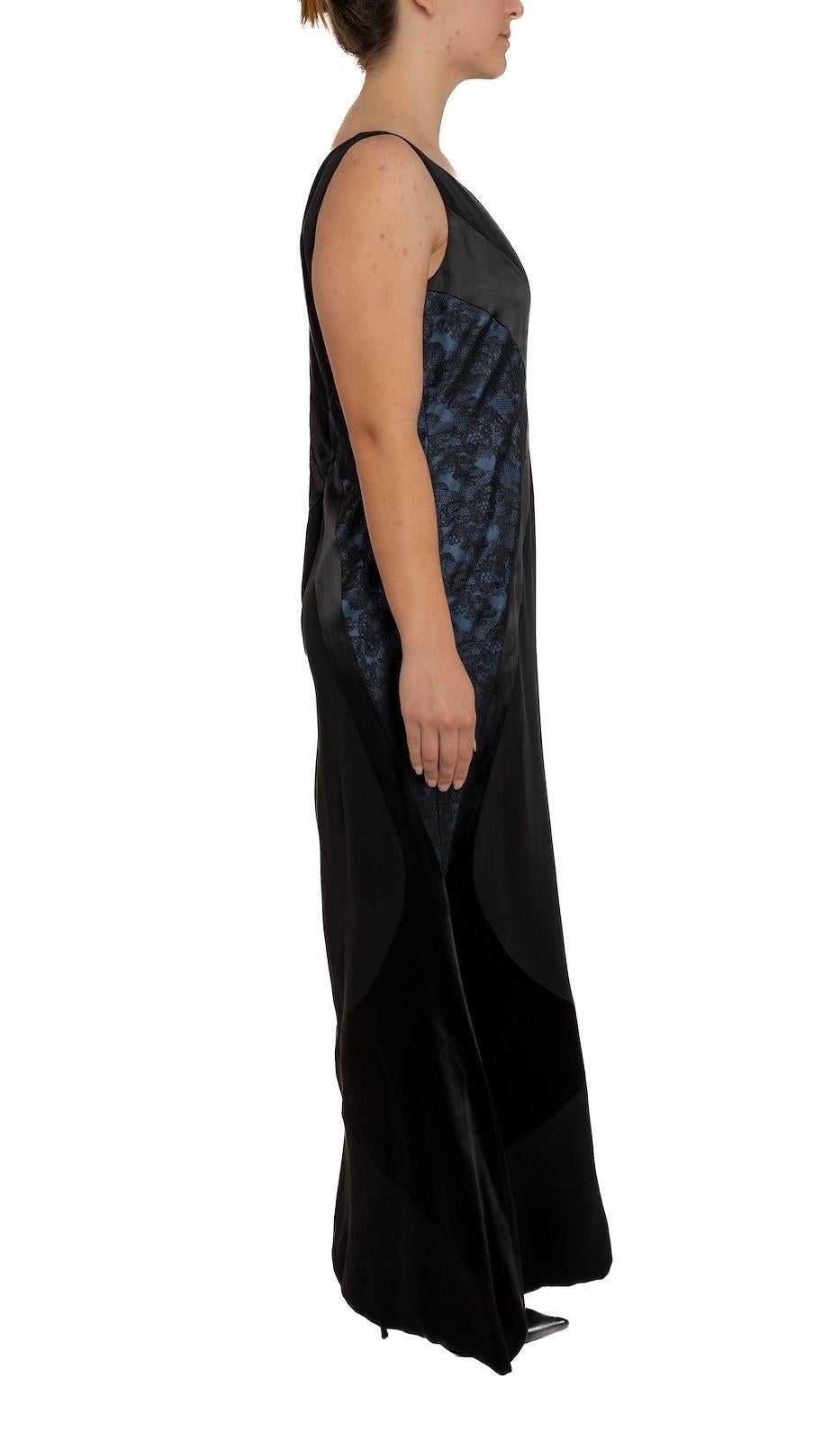 1990S Black & Blue Silk Crepe Back Satin Art-Deco Seamed Gown With Lace Panel XL For Sale 1