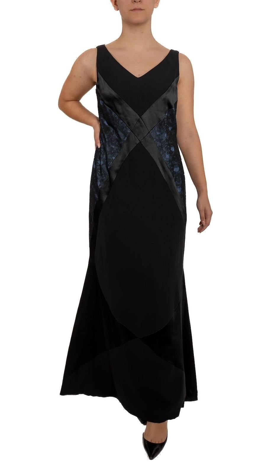 1990S Black & Blue Silk Crepe Back Satin Art-Deco Seamed Gown With Lace Panel XL For Sale 2