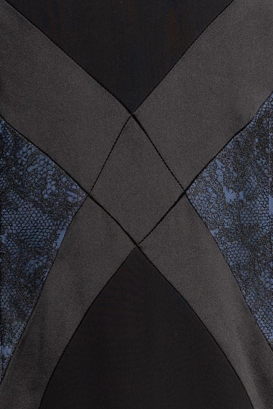 1990S Black & Blue Silk Crepe Back Satin Art-Deco Seamed Gown With Lace Panel XL For Sale 3