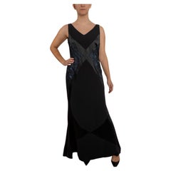 1990S Black & Blue Silk Crepe Back Satin Art-Deco Seamed Gown With Lace Panel XL