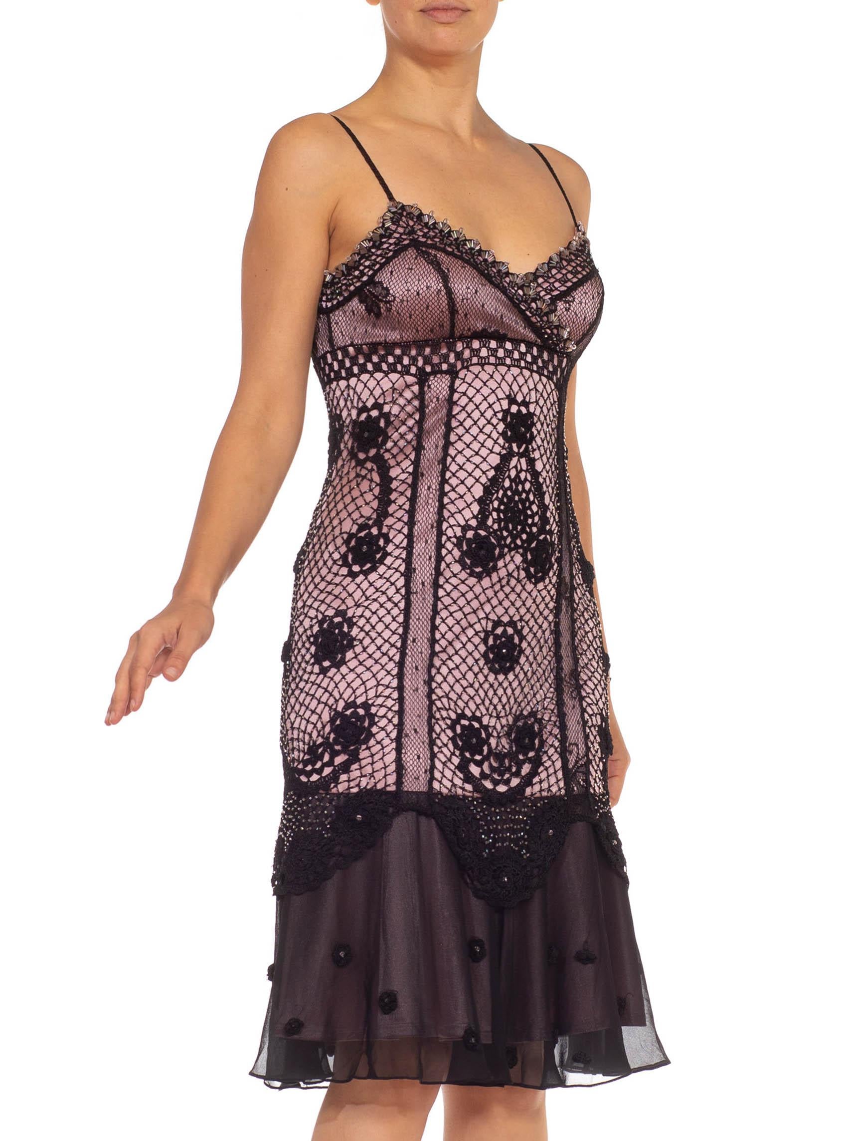 1990S Black & Blush Pink Satin Chiffon Beaded 1920'S Flapper Style Crochet Dress 2