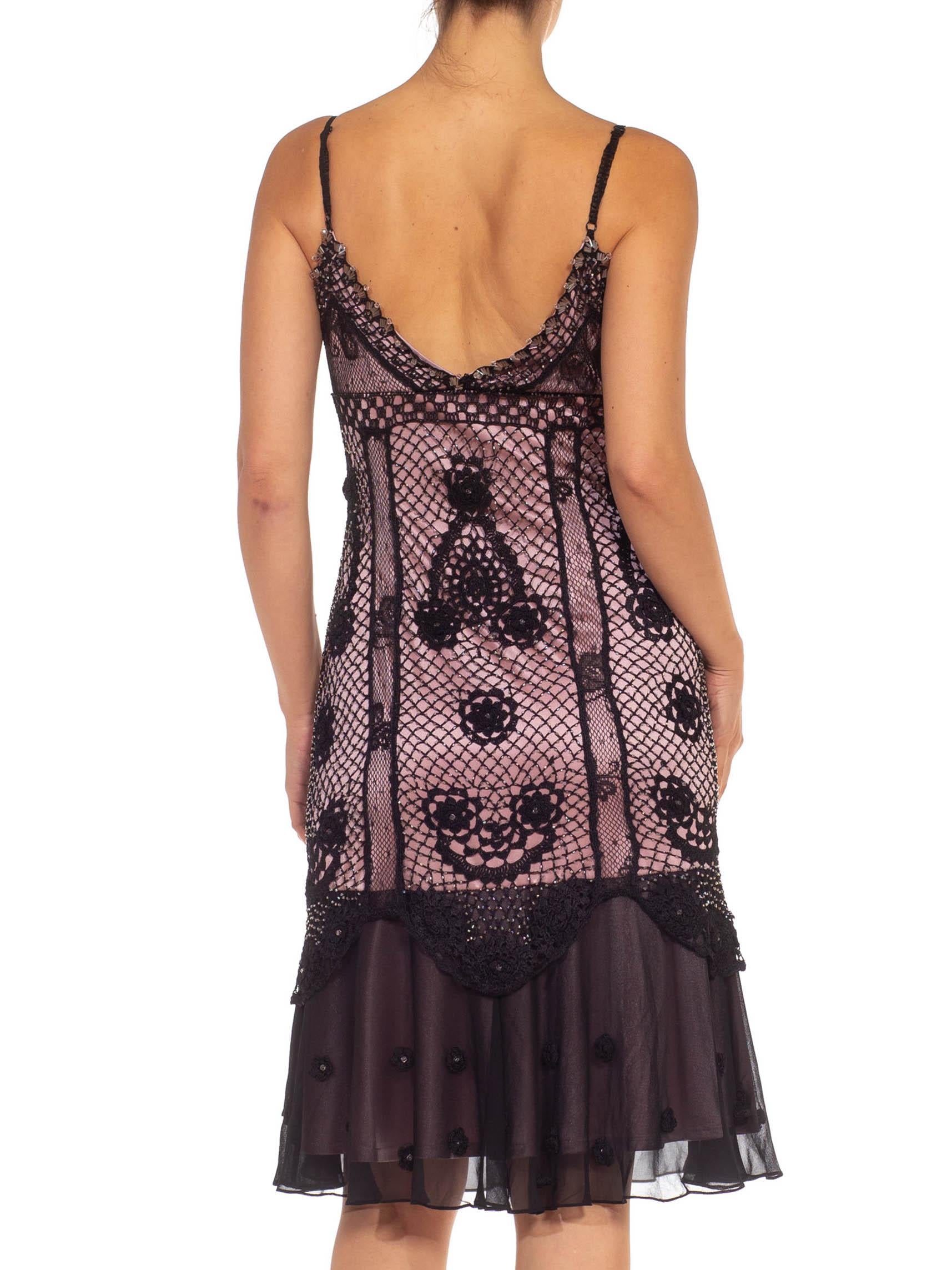 1990S Black & Blush Pink Satin Chiffon Beaded 1920'S Flapper Style Crochet Dress 3