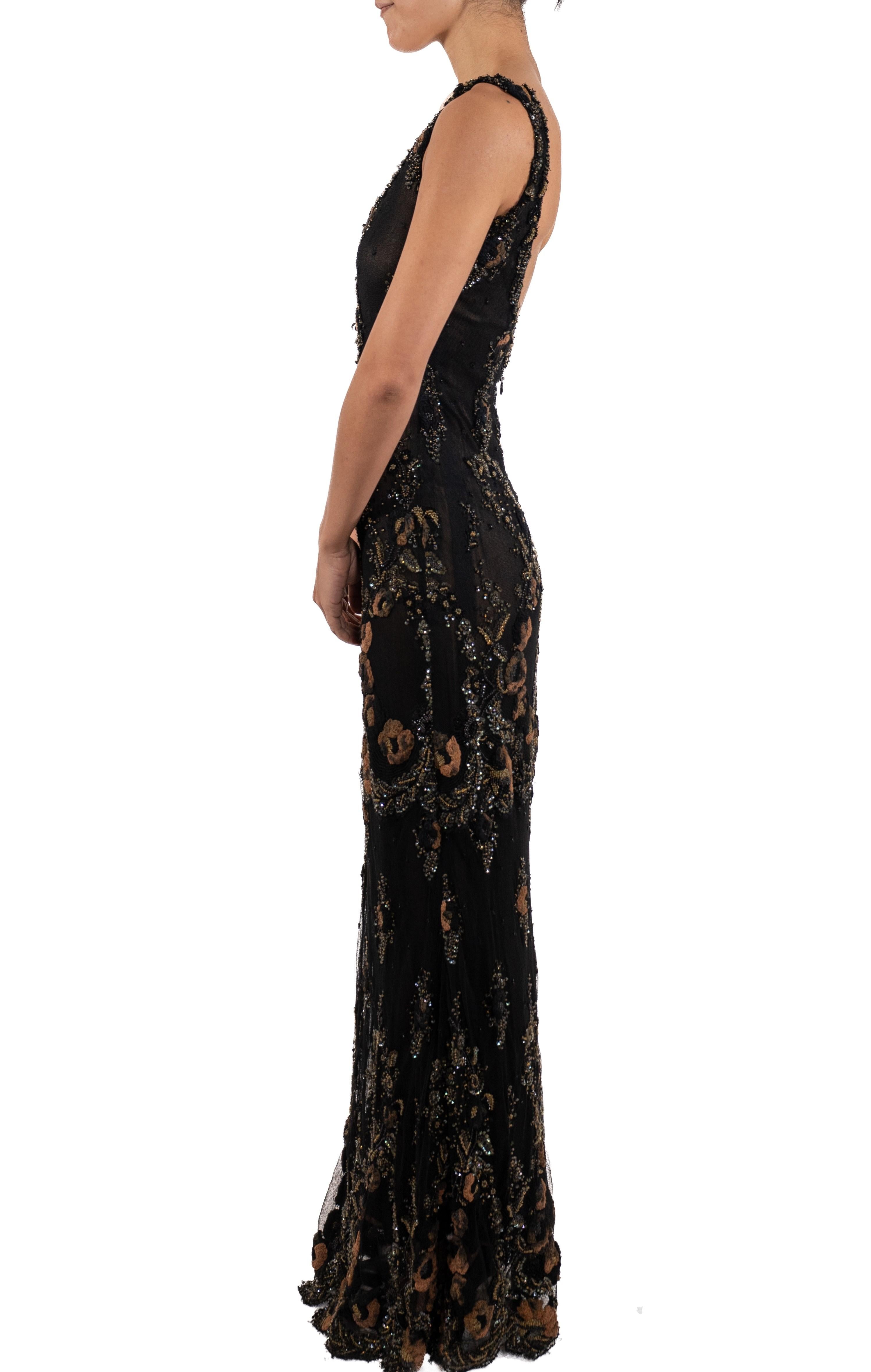 1990S Black & Brown Beaded Silk Chiffon Heavily Embroidered Lace Gown In Good Condition For Sale In New York, NY