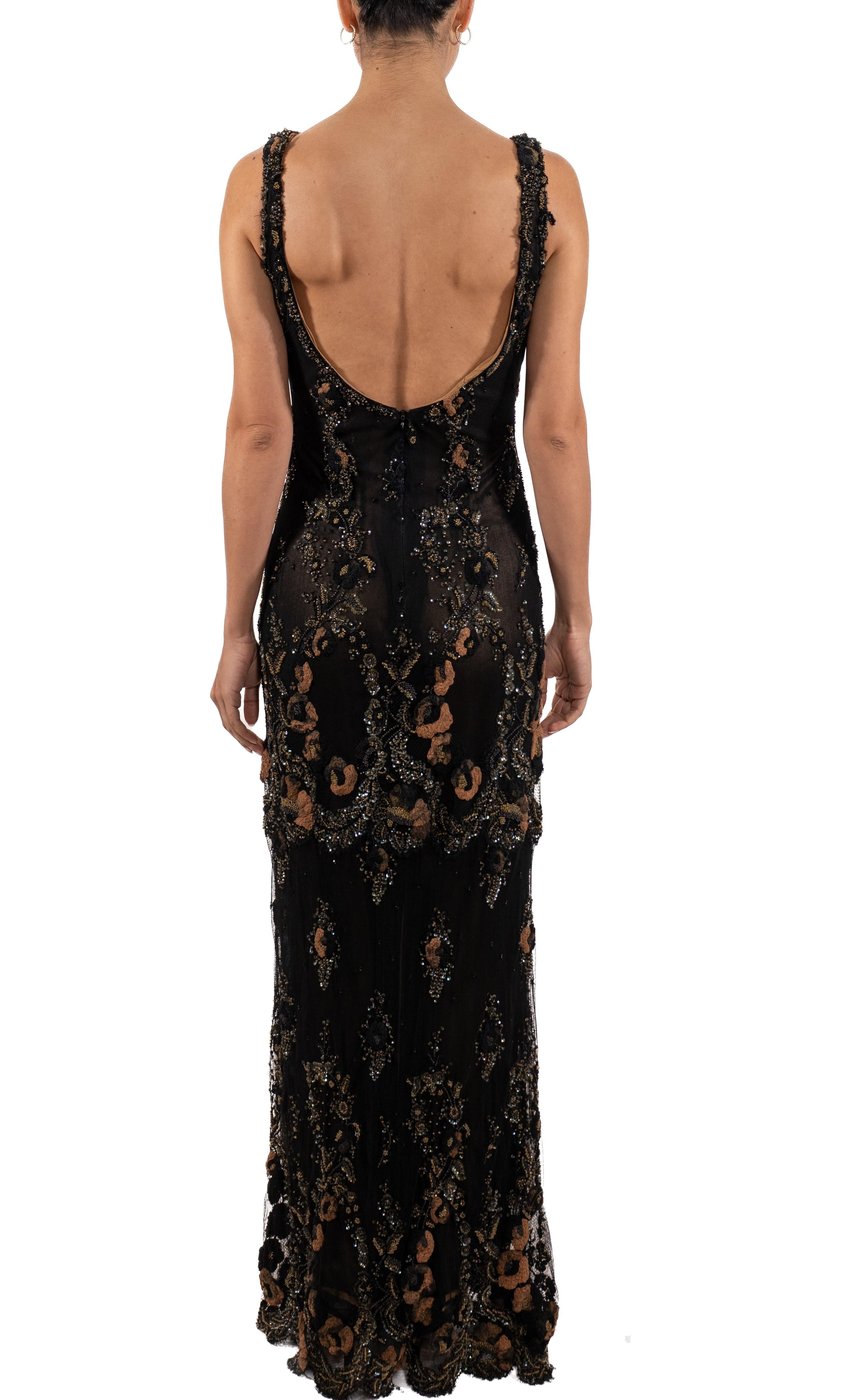 Women's 1990S Black & Brown Beaded Silk Chiffon Heavily Embroidered Lace Gown For Sale