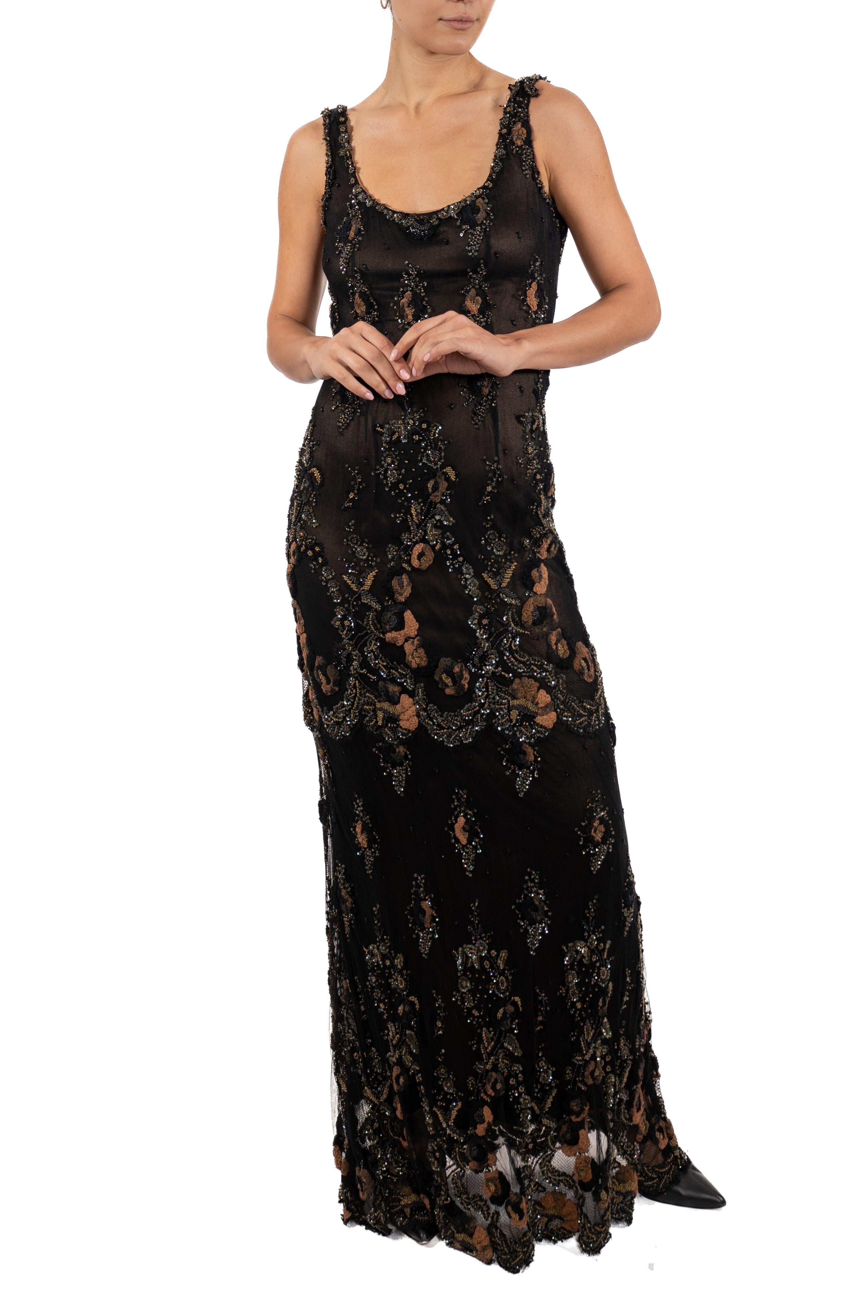 1990S Black & Brown Beaded Silk Chiffon Heavily Embroidered Lace Gown For Sale 2