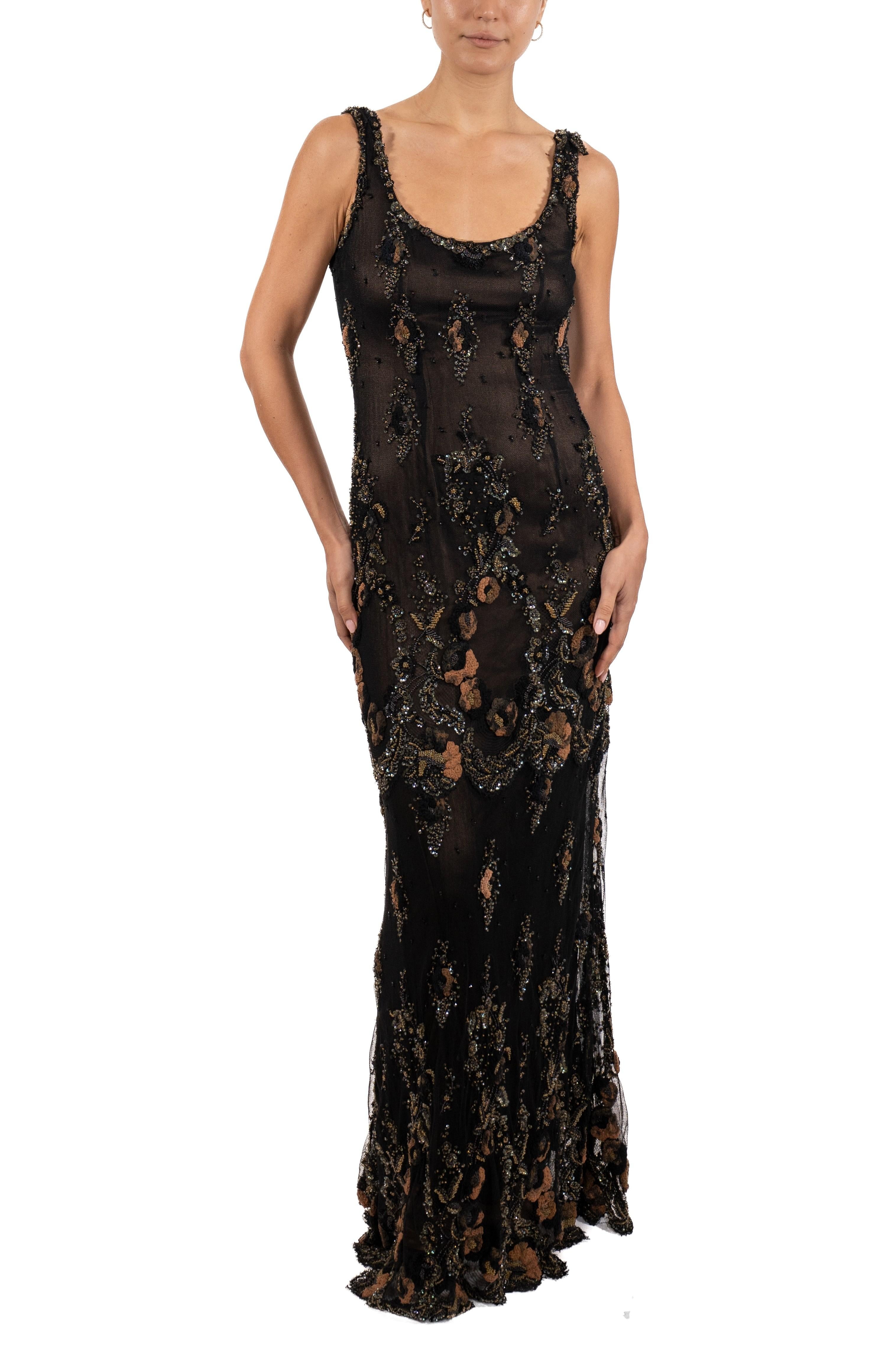 1990S Black & Brown Beaded Silk Chiffon Heavily Embroidered Lace Gown For Sale 3