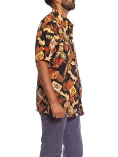 1990S Black & Brown Cotton / Rayon Men's Tropical Cigar Leaf Print Shirt