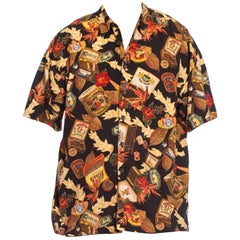 1990S Black & Brown Cotton / Rayon Men's Tropical Cigar Leaf Print Shirt