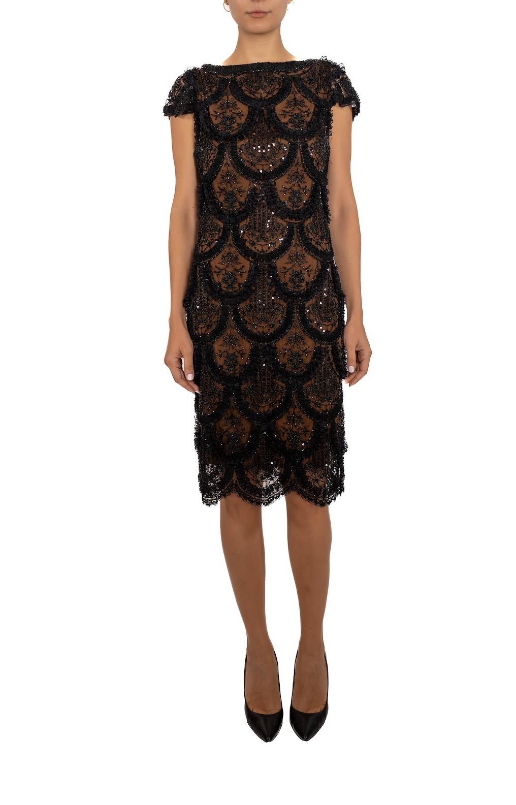 1990S Black & Brown Silk Lined Lace Beaded Cocktail Dress With Sequins Ruffles In Good Condition For Sale In New York, NY