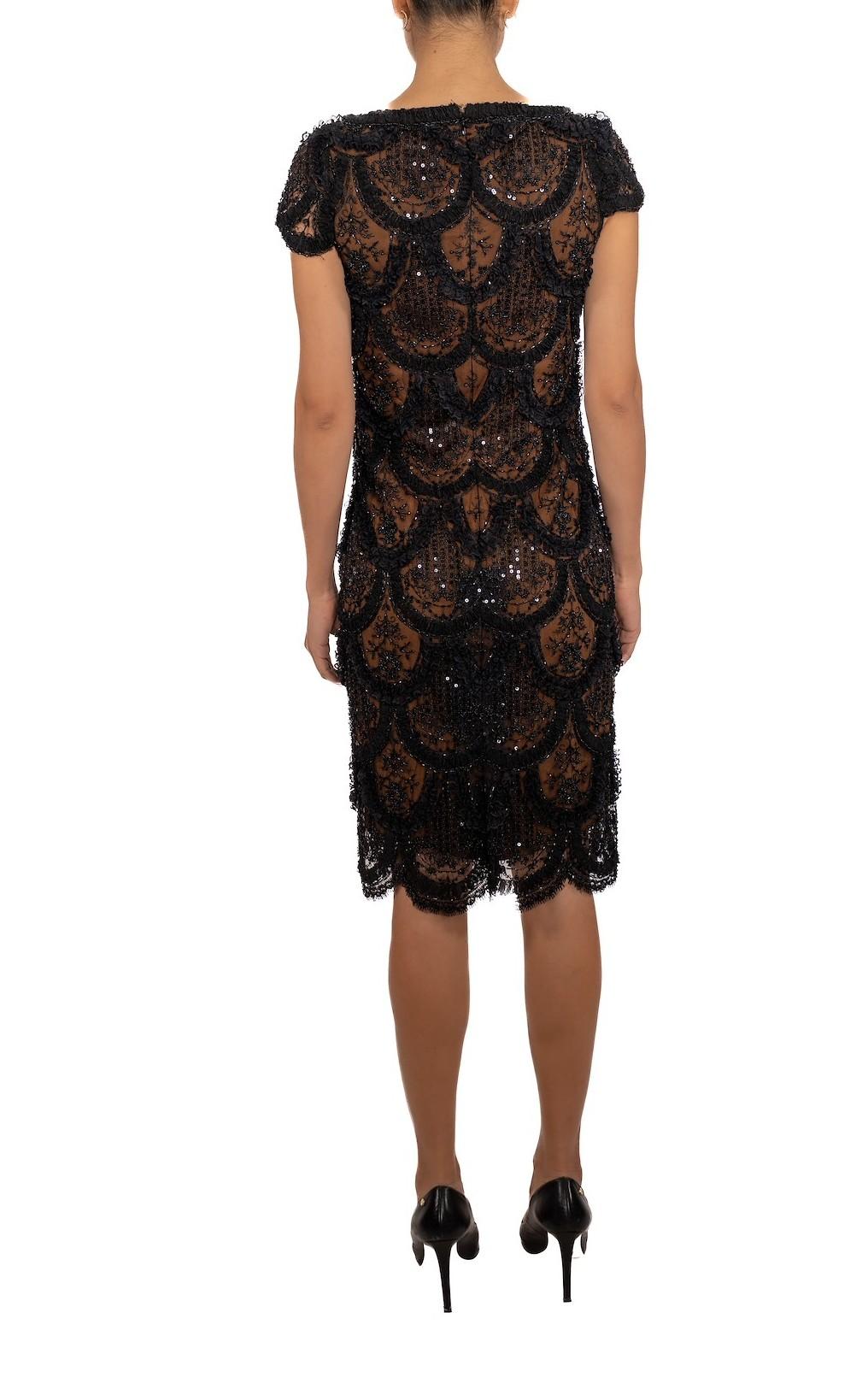 1990S Black & Brown Silk Lined Lace Beaded Cocktail Dress With Sequins Ruffles For Sale 1