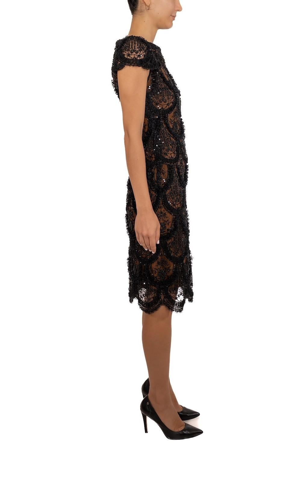 1990S Black & Brown Silk Lined Lace Beaded Cocktail Dress With Sequins Ruffles For Sale 2