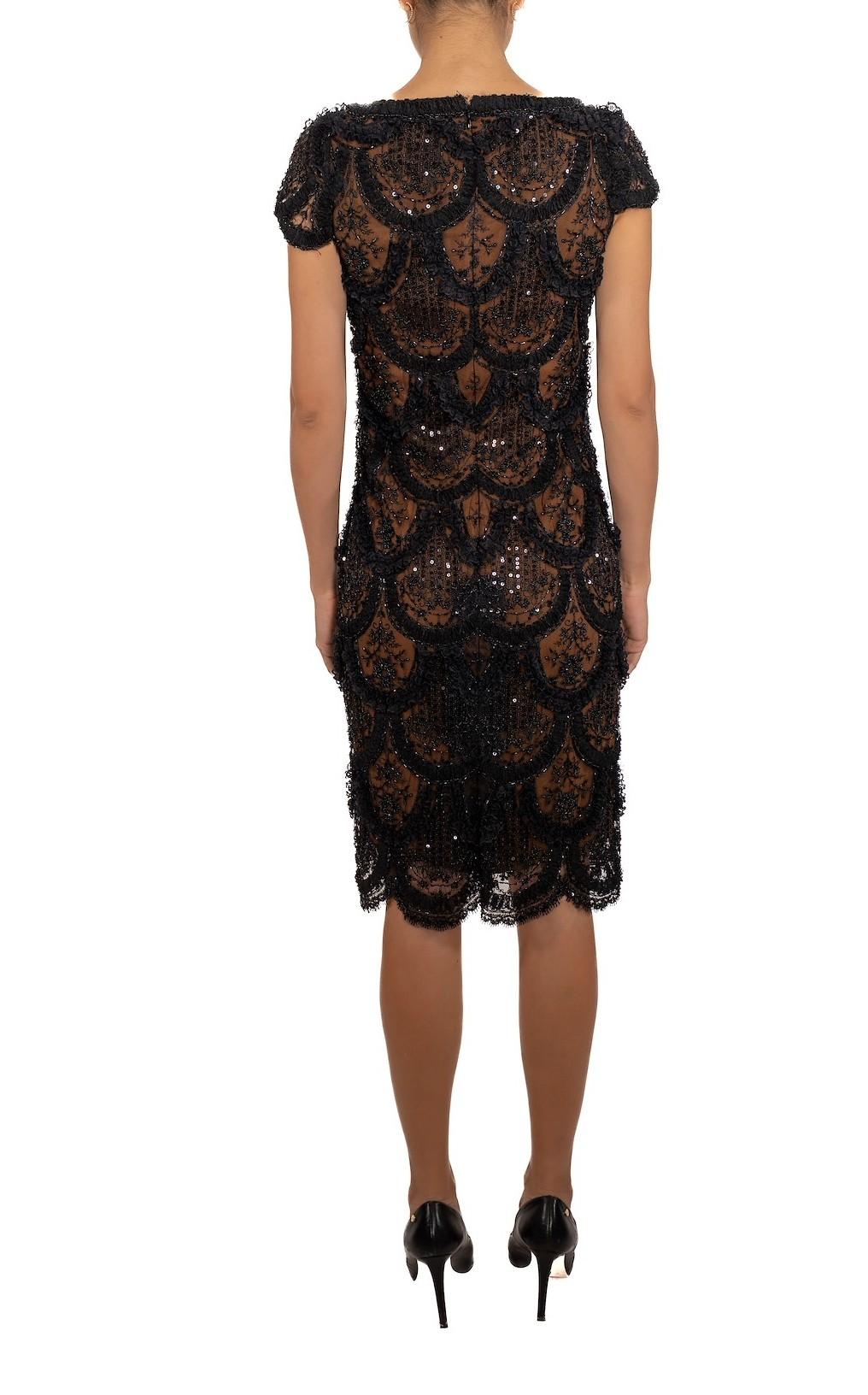 1990S Black & Brown Silk Lined Lace Beaded Cocktail Dress With Sequins Ruffles For Sale 3
