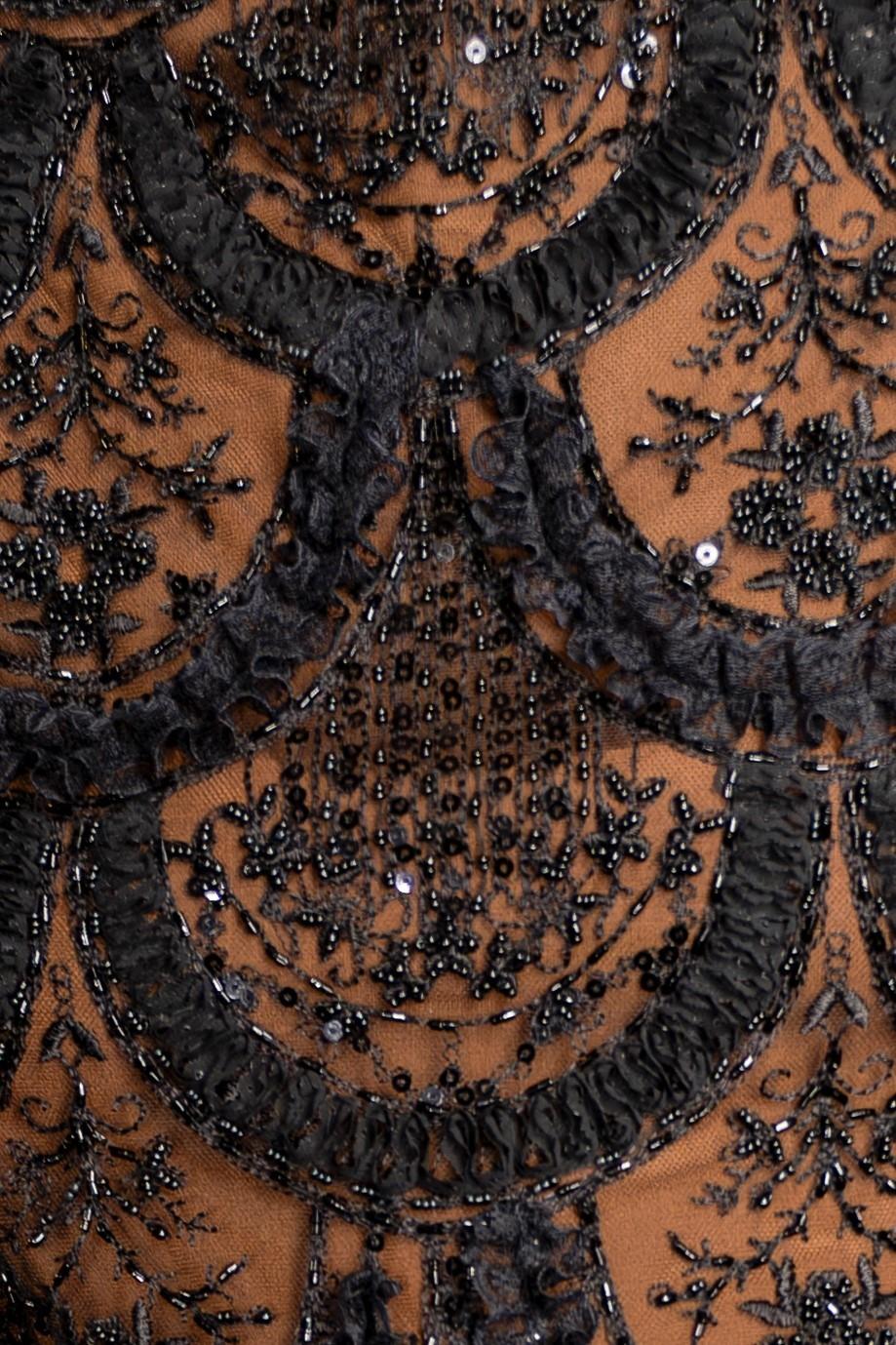 1990S Black & Brown Silk Lined Lace Beaded Cocktail Dress With Sequins Ruffles For Sale 6
