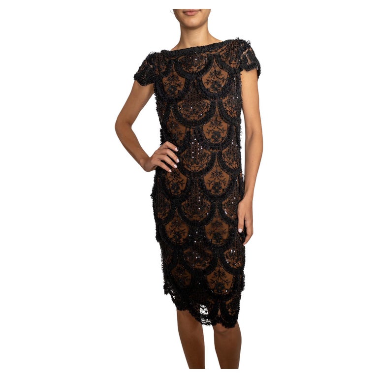 sachin and babi light blue dress 1990s Black & Brown Silk Lined Lace Beaded Cocktail Dress with Sequins Ruffles