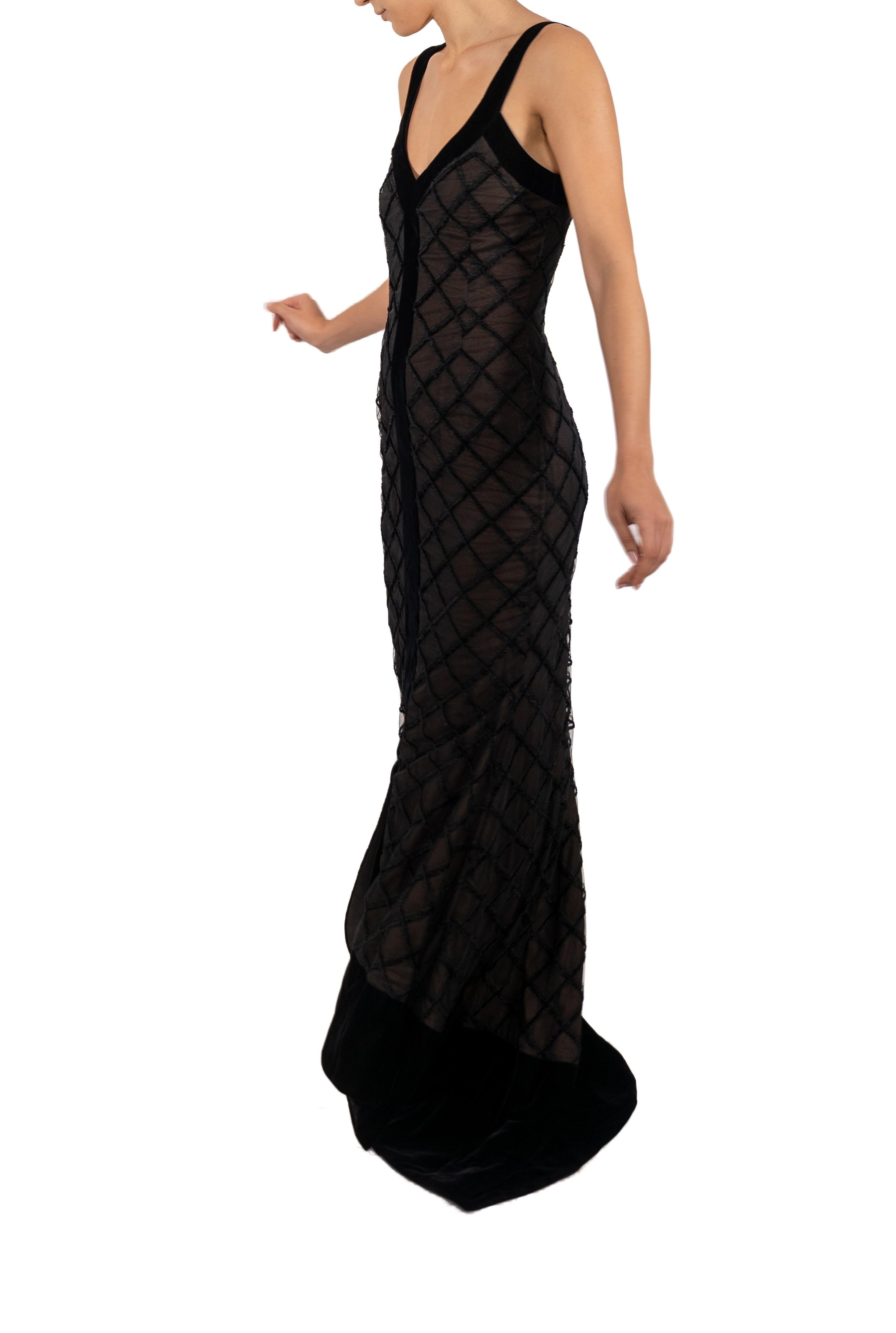 Women's 1990S Black Cage Embroidered Silk & Rayon Tulle Long Line Gown With Velvet Train