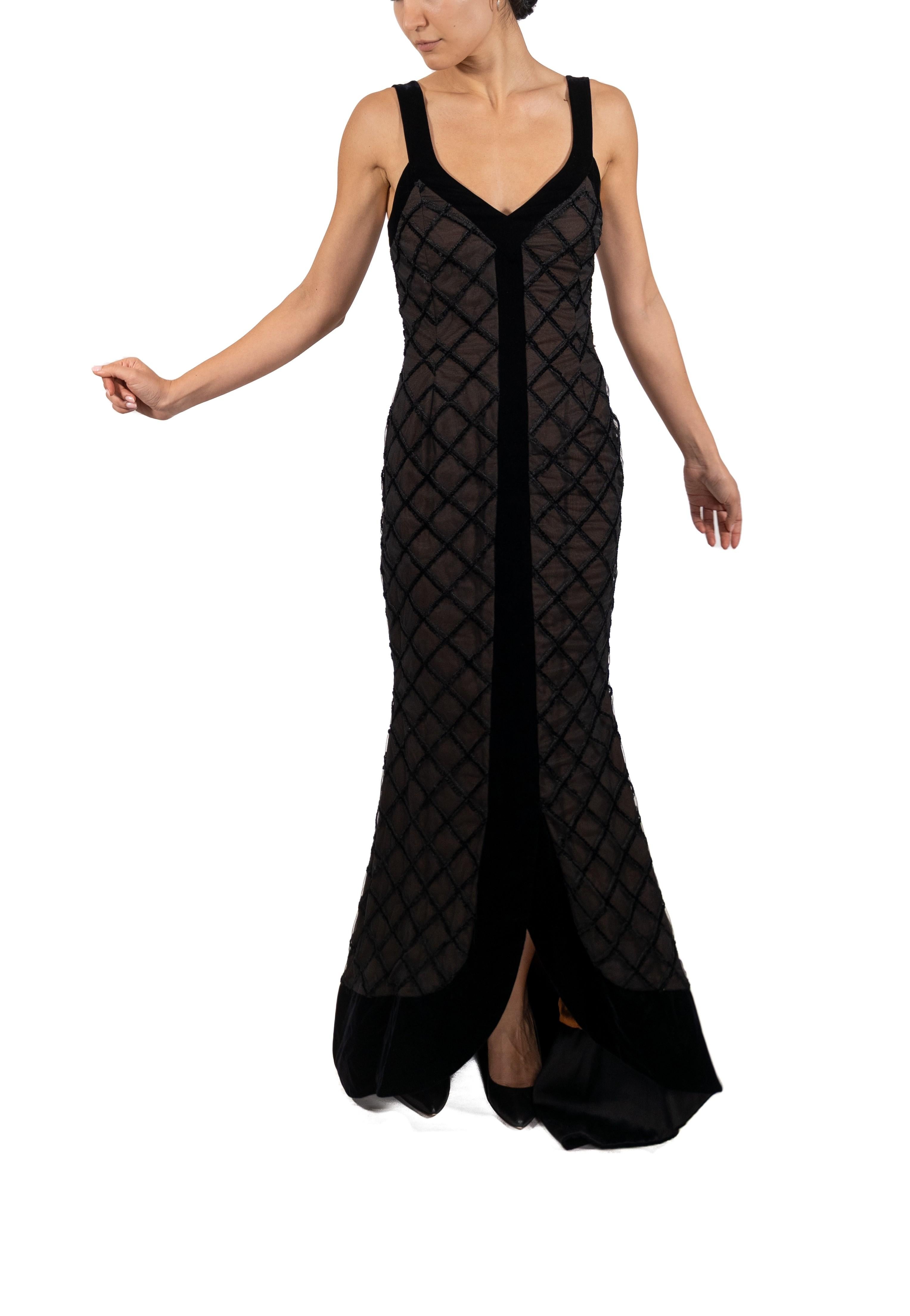 1990S Black Cage Embroidered Silk & Rayon Tulle Long Line Gown With Velvet Train 3