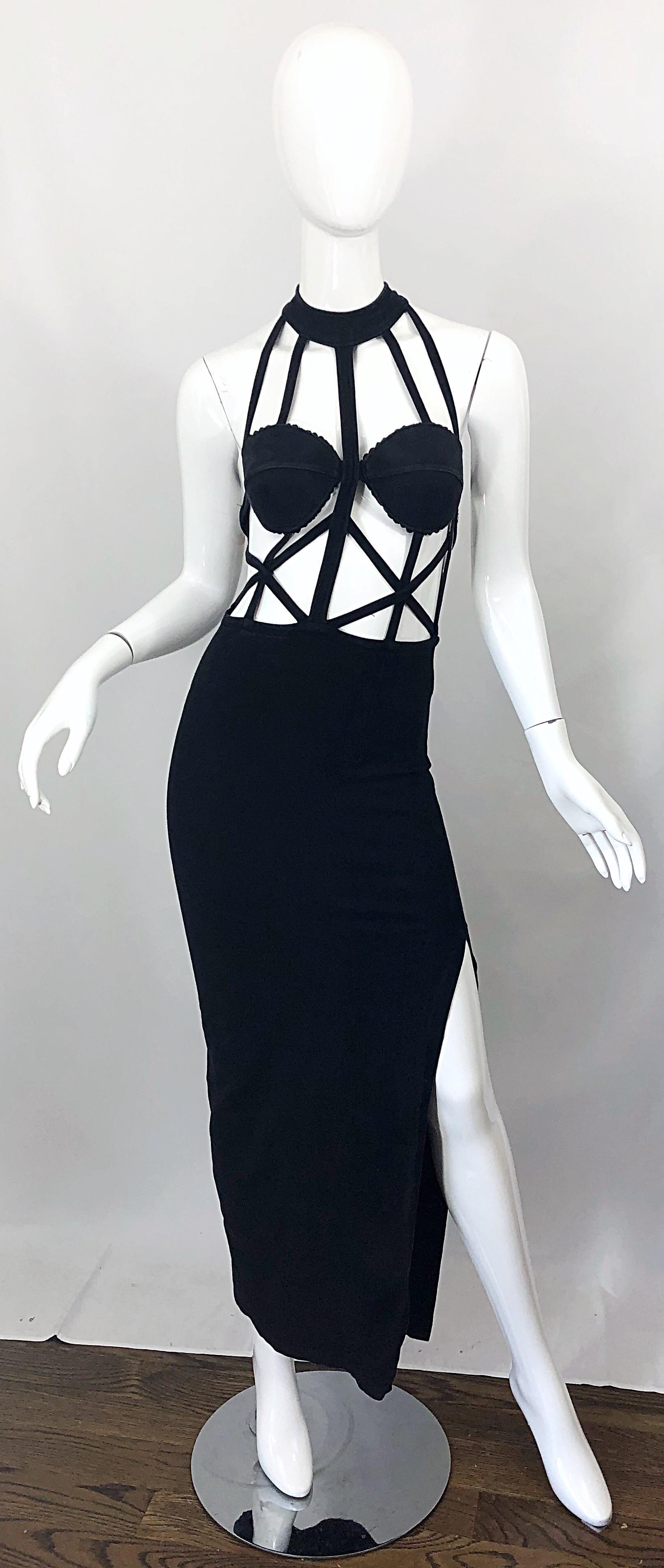 1990s Black Caged Bodycon Sexy Cotton Vintage Early 90s Cut - Out Gown Dress 6