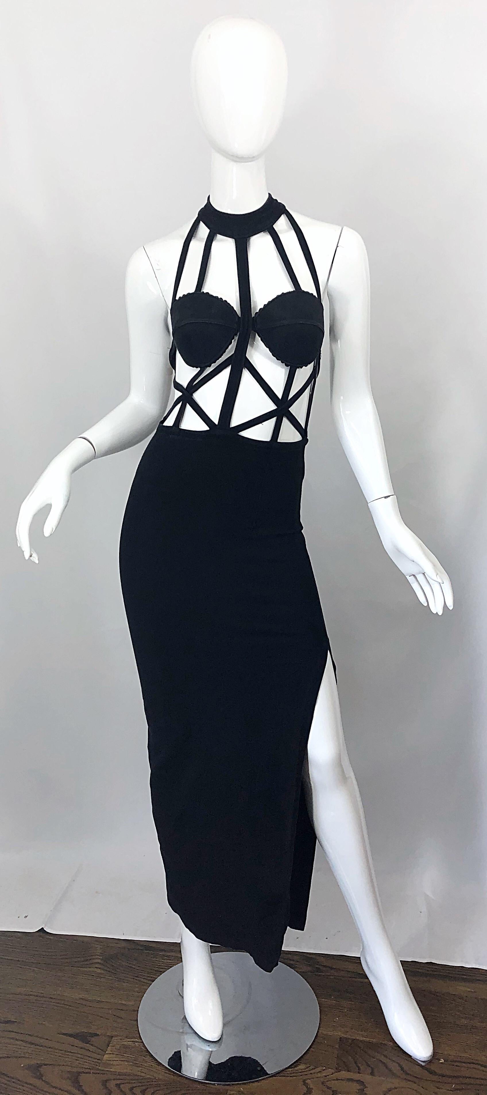 Sexy early 90s designer black vintage cut-out cage / spiderweb bodcon stretch gown / dress ! Features cut-outs on the front and back. Comfortable cotton jersey stretches to fit. Such a sexy flattering gem that looks like Jean Paul Gaultier, Claude