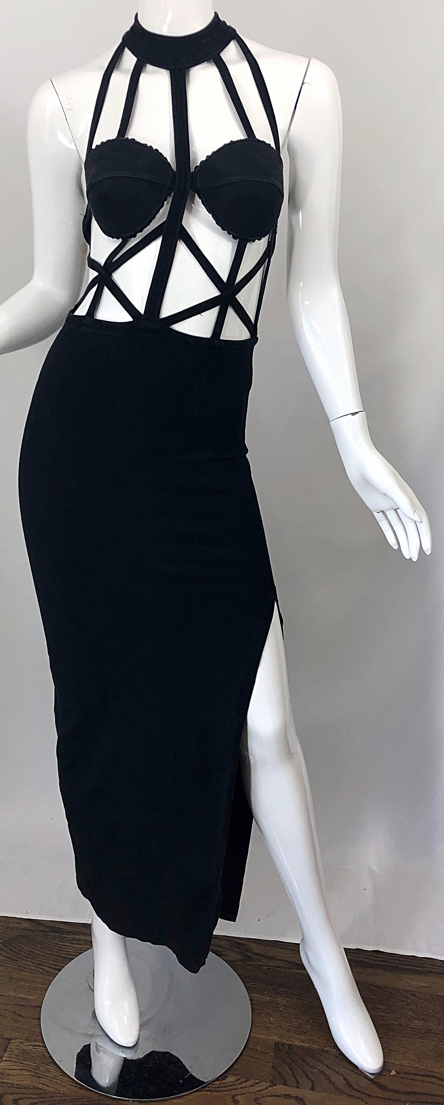 1990s Black Caged Bodycon Sexy Cotton Vintage Early 90s Cut - Out Gown Dress 2