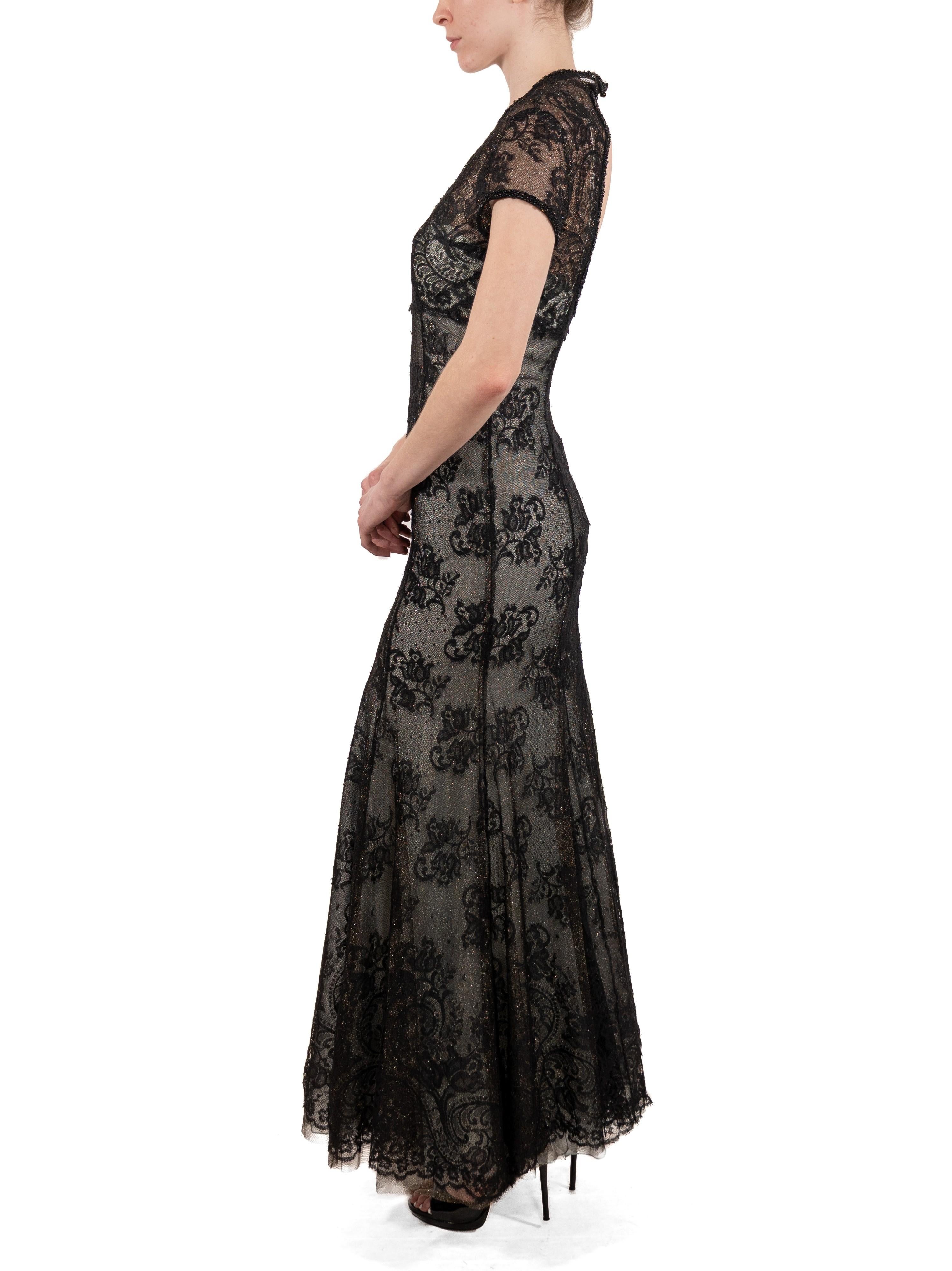 1990S Black Chantilly Lace Short Sleeved Gown In Good Condition For Sale In New York, NY