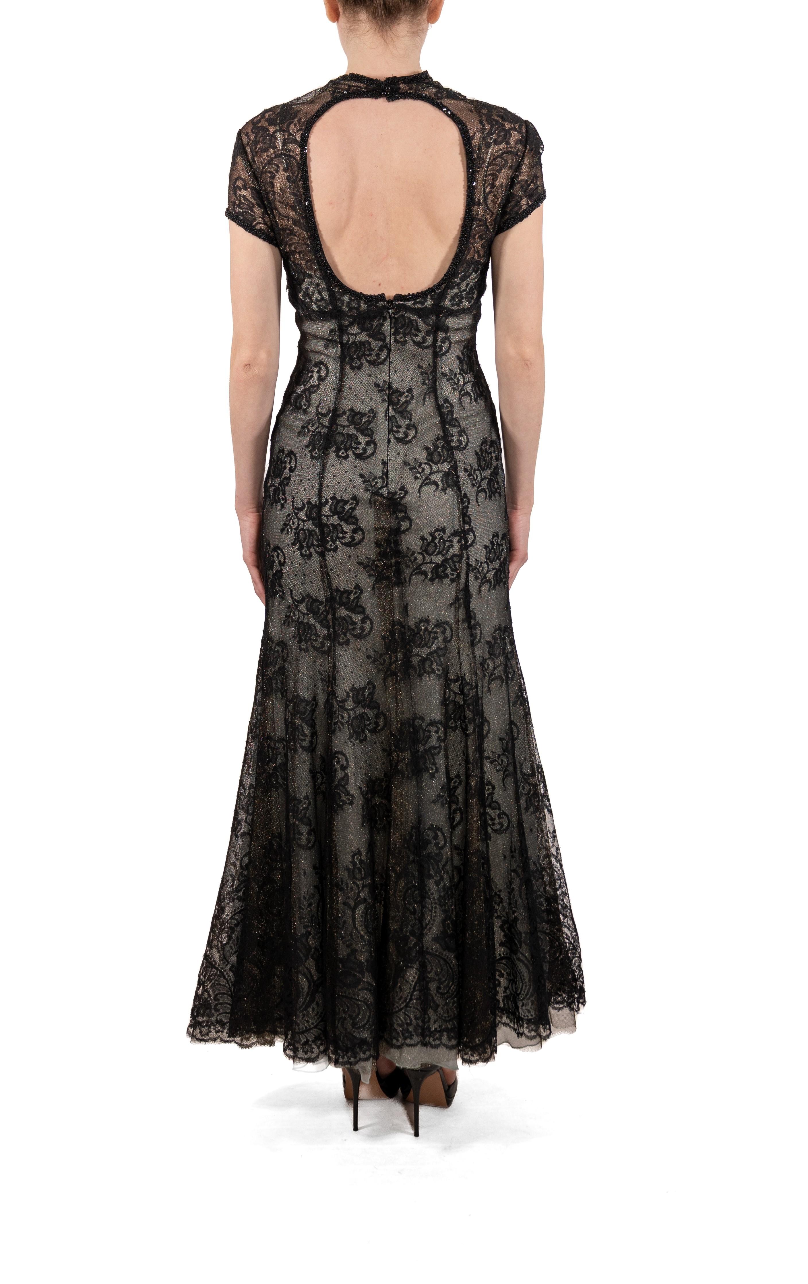 Women's 1990S Black Chantilly Lace Short Sleeved Gown For Sale