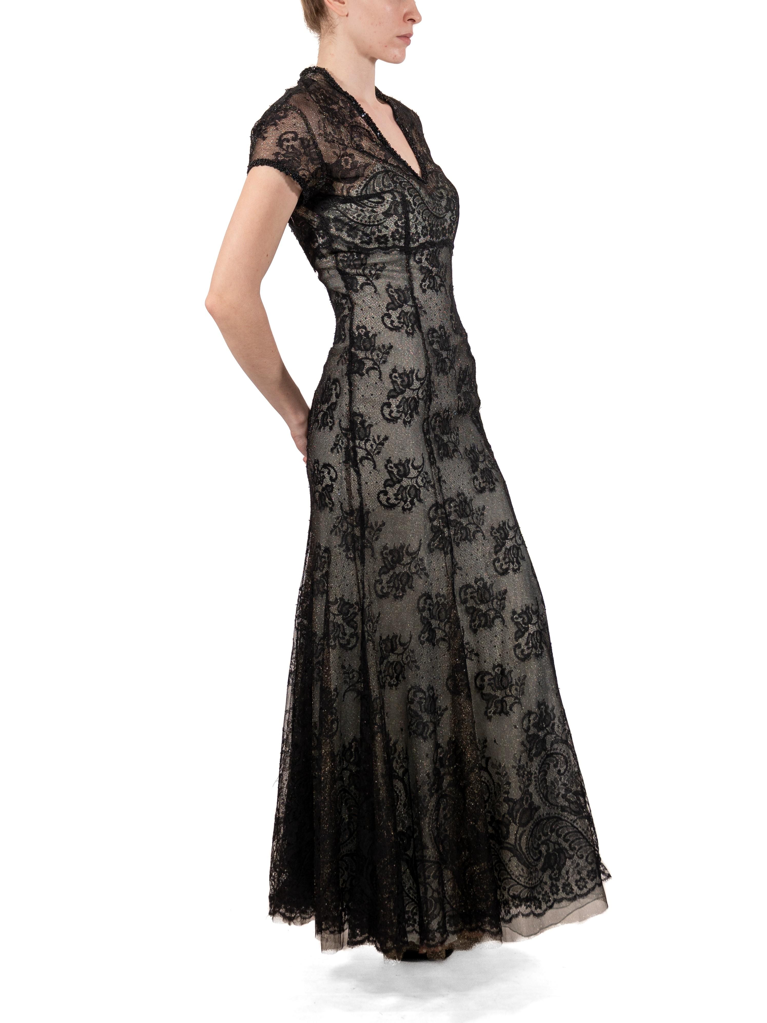 1990S Black Chantilly Lace Short Sleeved Gown For Sale 1