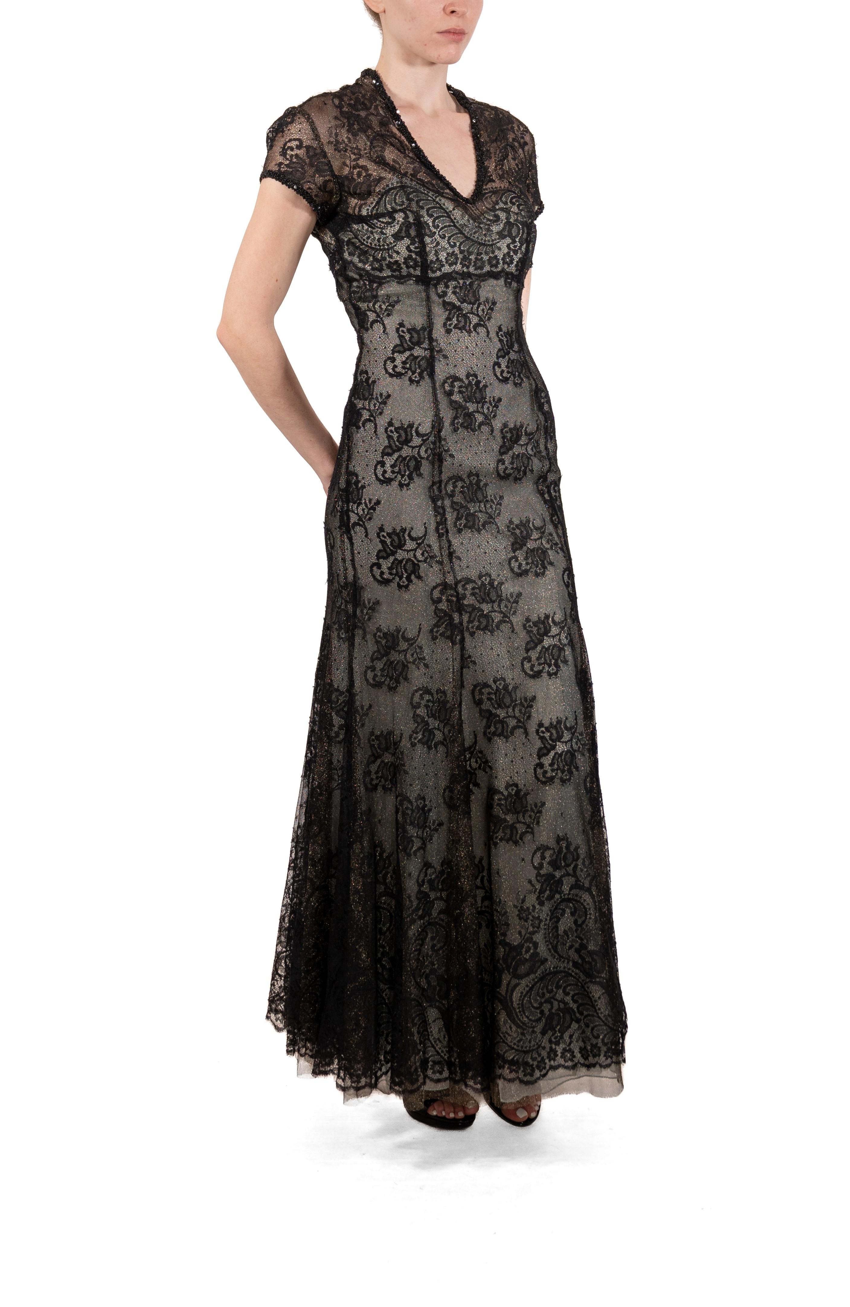 1990S Black Chantilly Lace Short Sleeved Gown For Sale 3